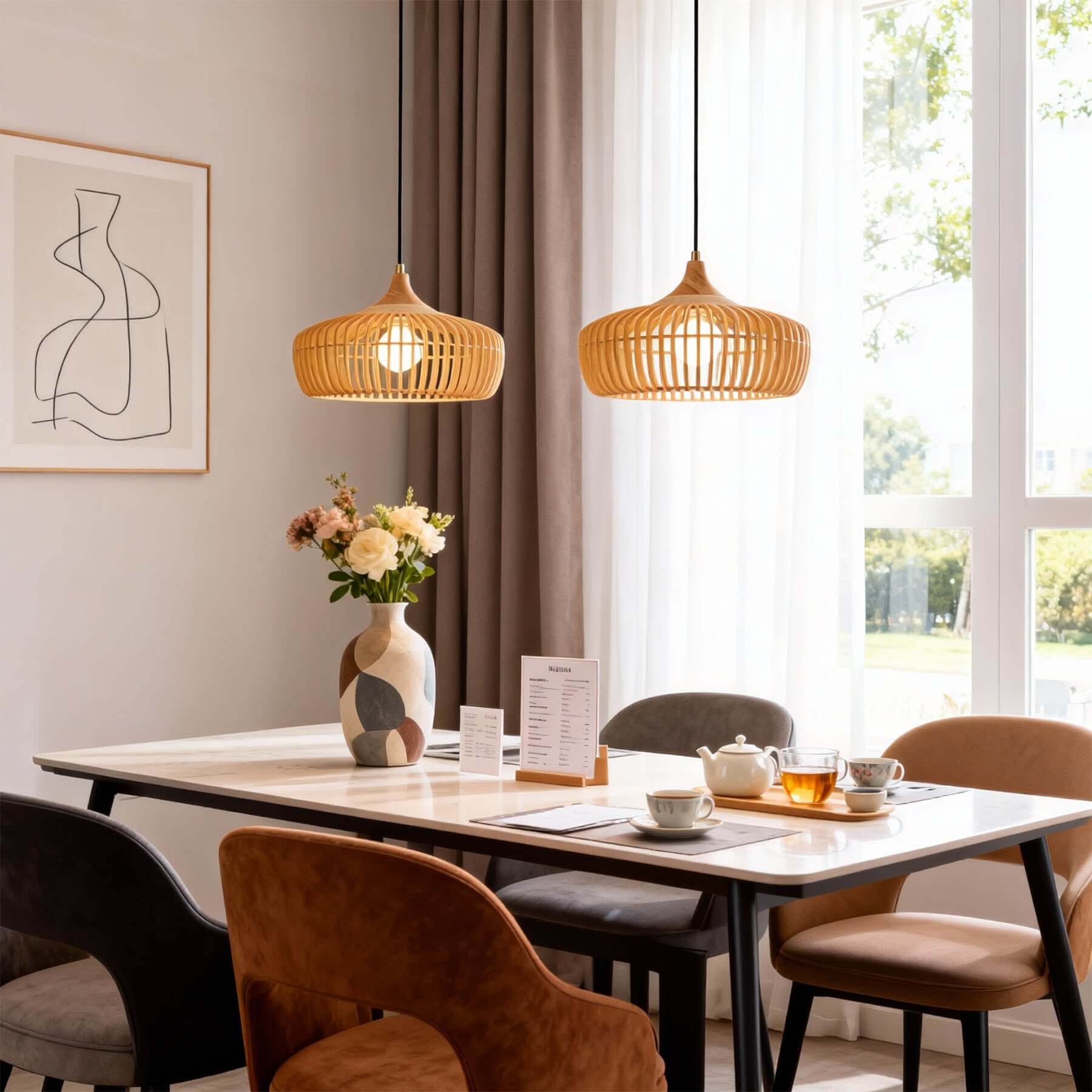 Pirevo Boho Wood Pendant Light | Wide Bowl Hanging Lamp