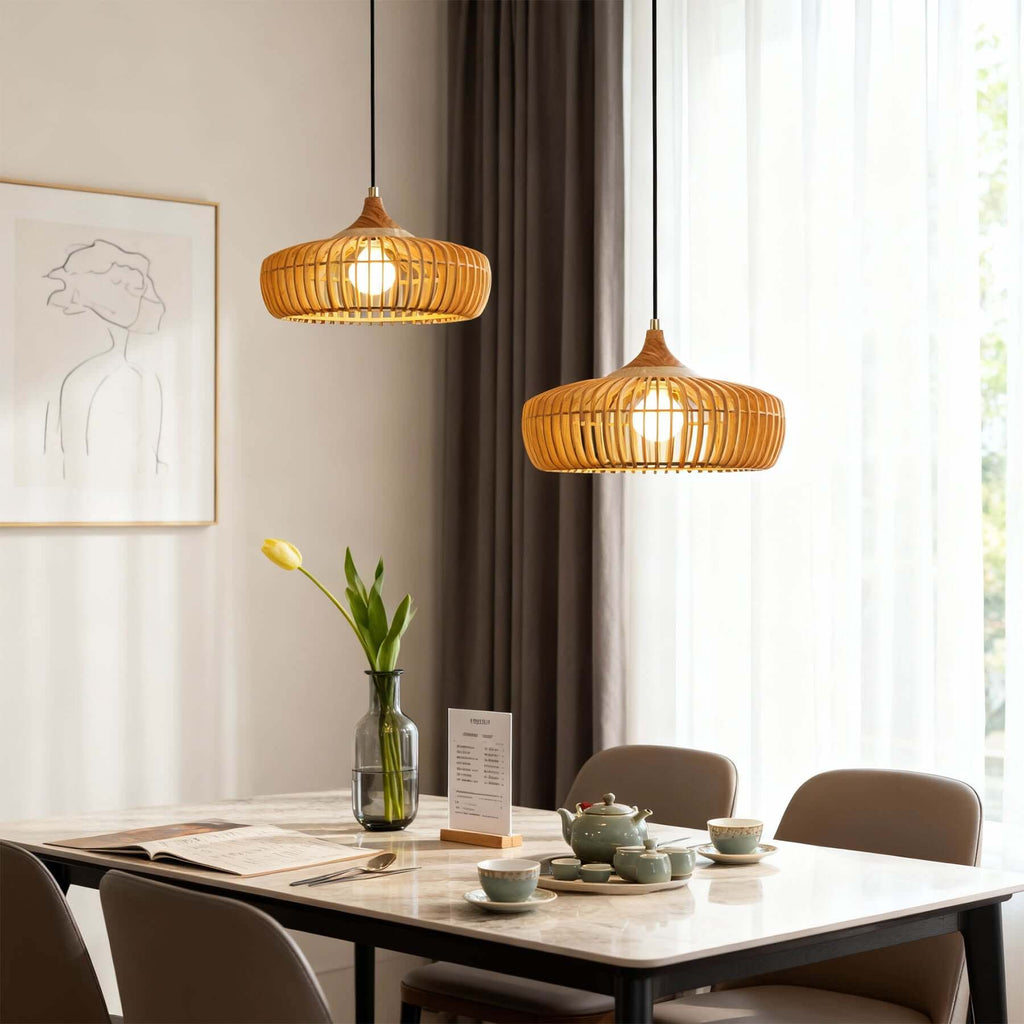 Pirevo Boho Wood Pendant Light | Wide Bowl Hanging Lamp