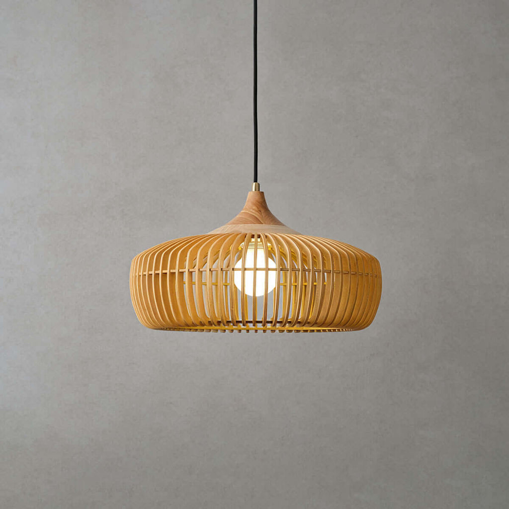 Pirevo Boho Wood Pendant Light | Wide Bowl Hanging Lamp