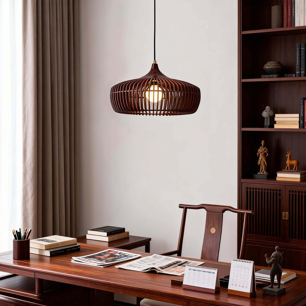 Pirevo Boho Wood Pendant Light | Wide Bowl Hanging Lamp