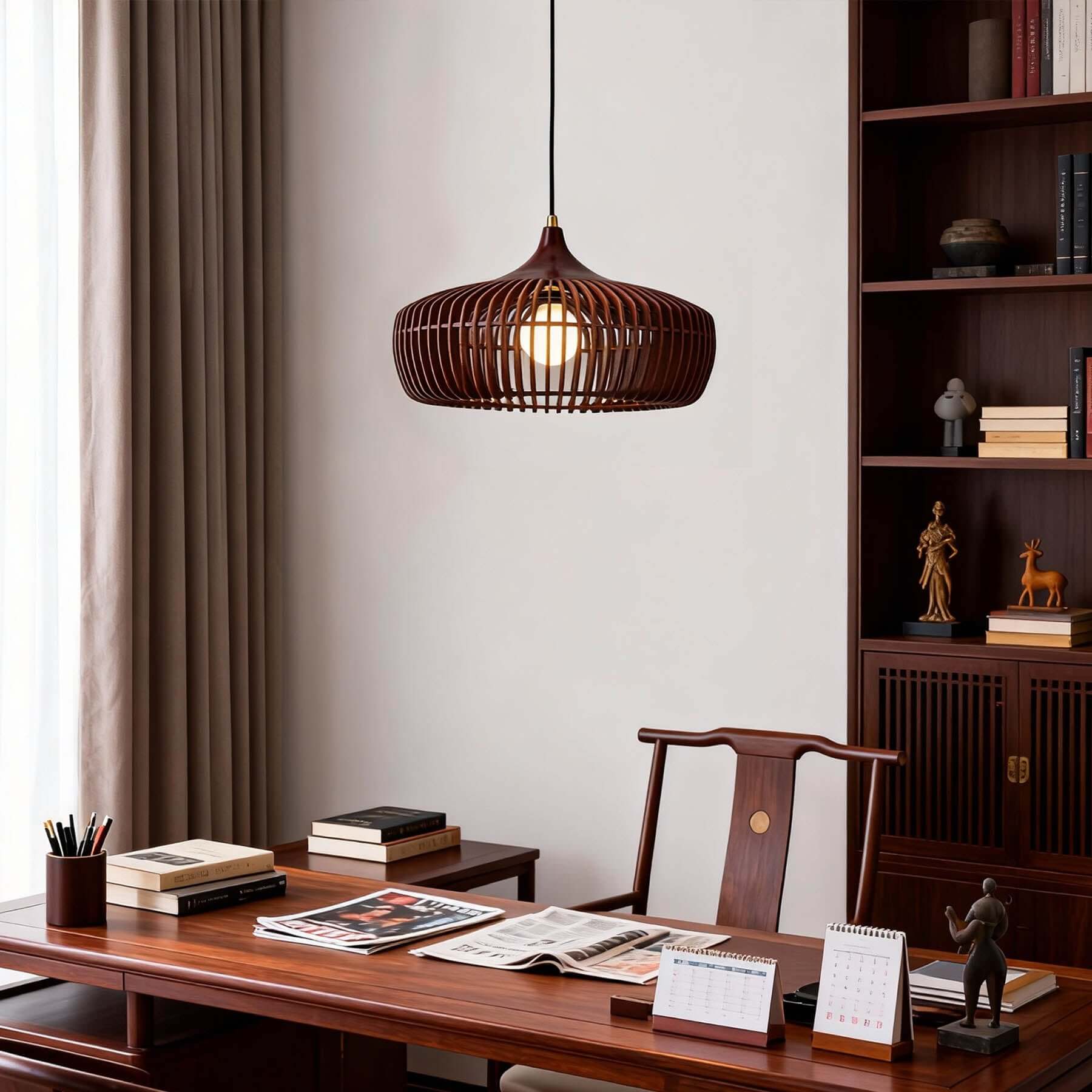 Pirevo Boho Wood Pendant Light | Wide Bowl Hanging Lamp