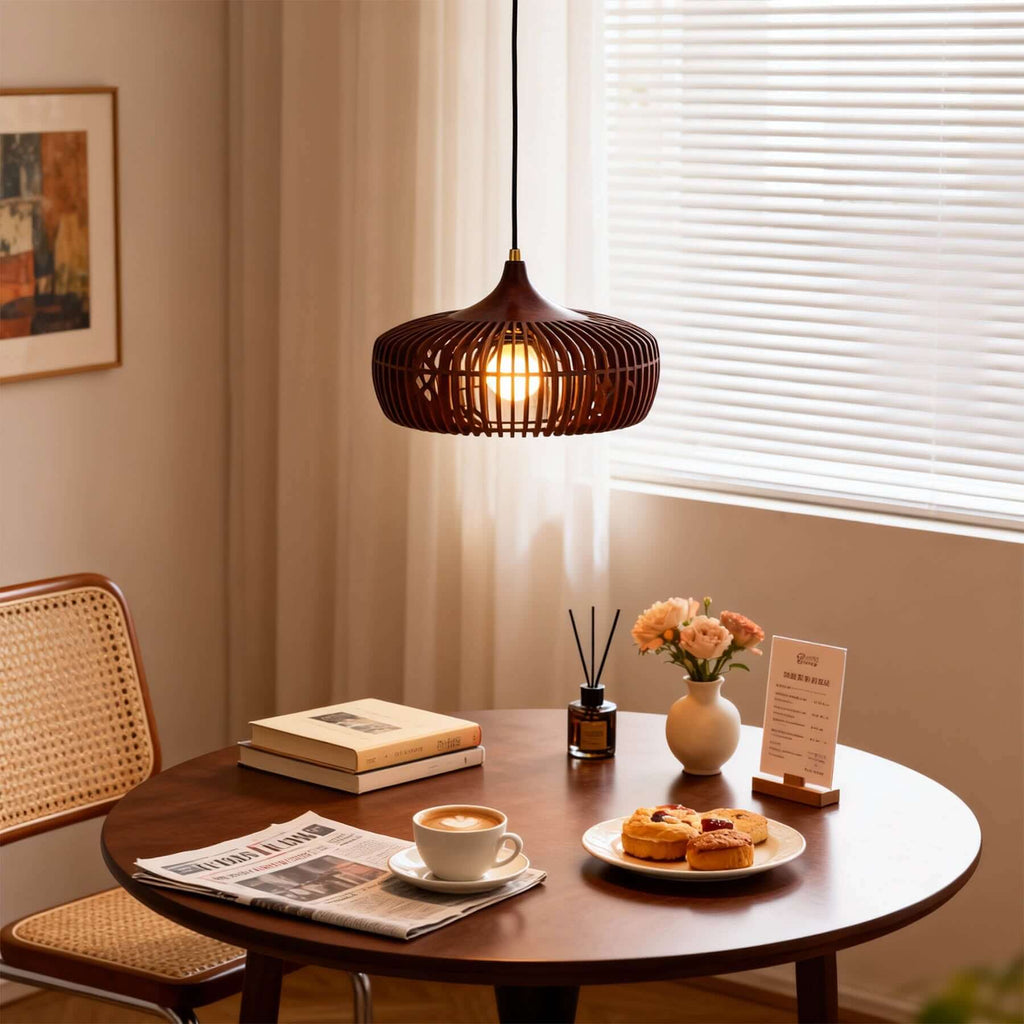 Pirevo Boho Wood Pendant Light | Wide Bowl Hanging Lamp