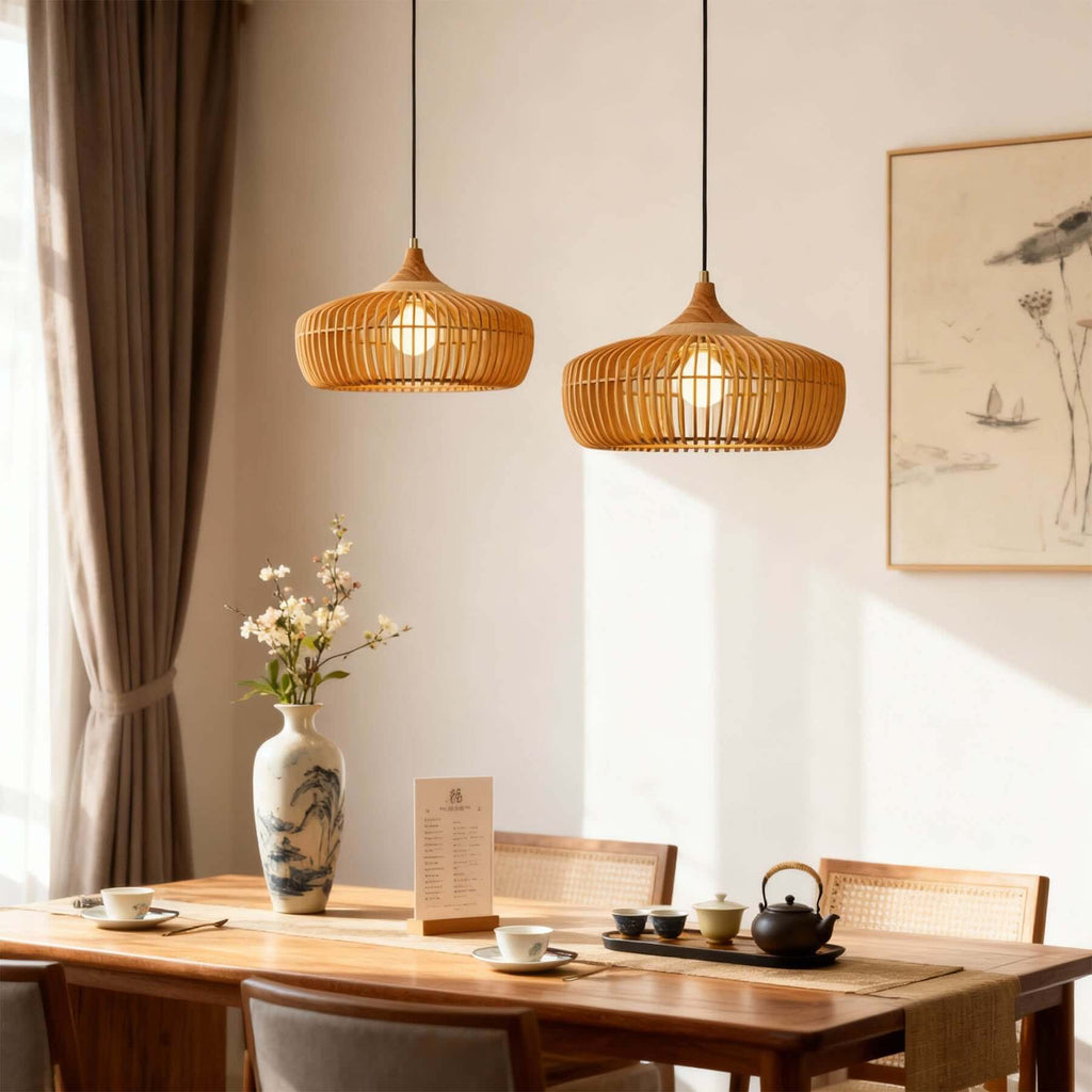 Pirevo Boho Wood Pendant Light | Wide Bowl Hanging Lamp