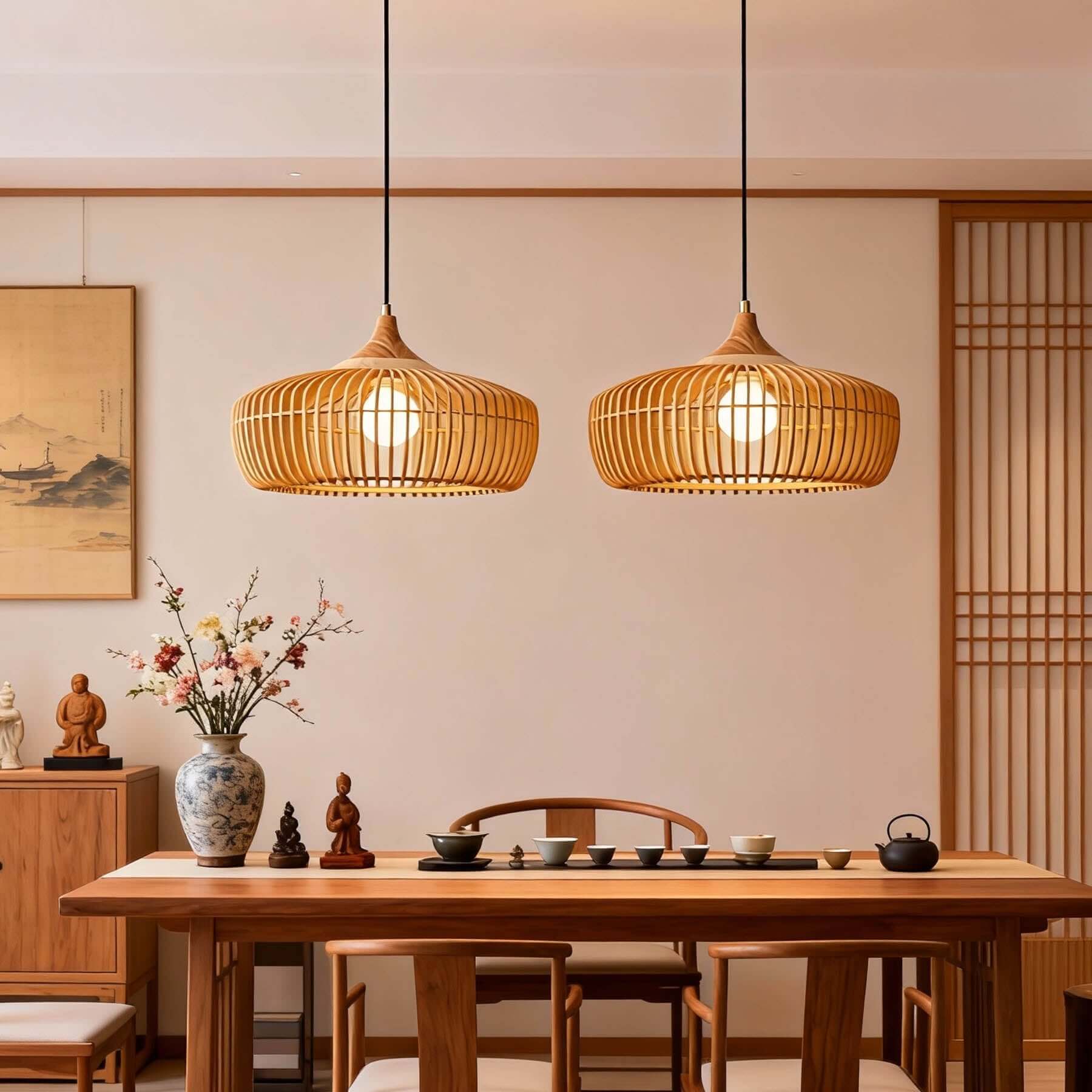 Pirevo Boho Wood Pendant Light | Wide Bowl Hanging Lamp