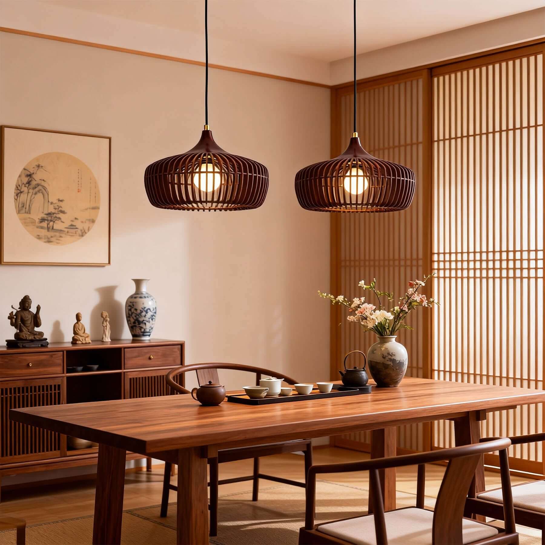Pirevo Boho Wood Pendant Light | Wide Bowl Hanging Lamp