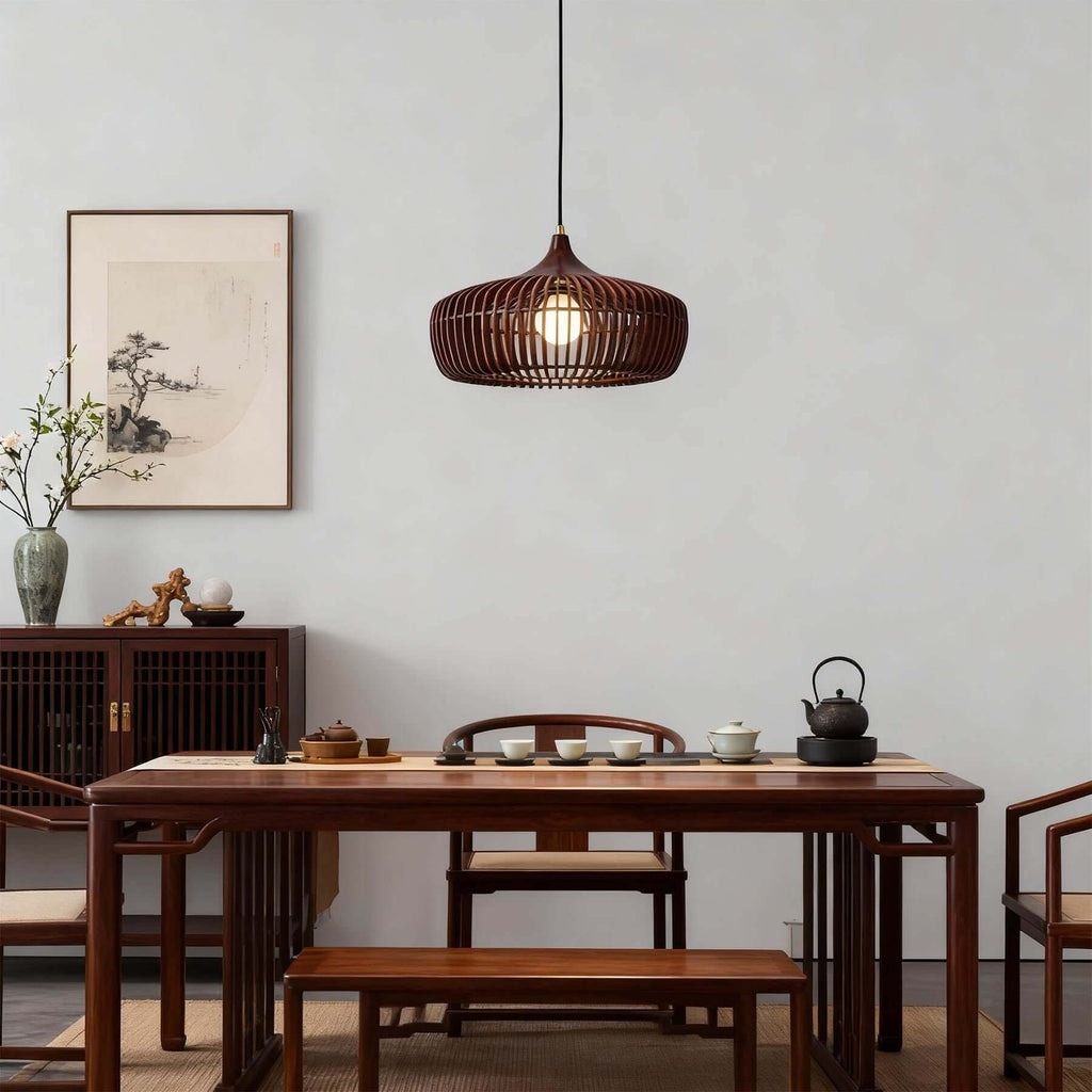 Pirevo Boho Wood Pendant Light | Wide Bowl Hanging Lamp