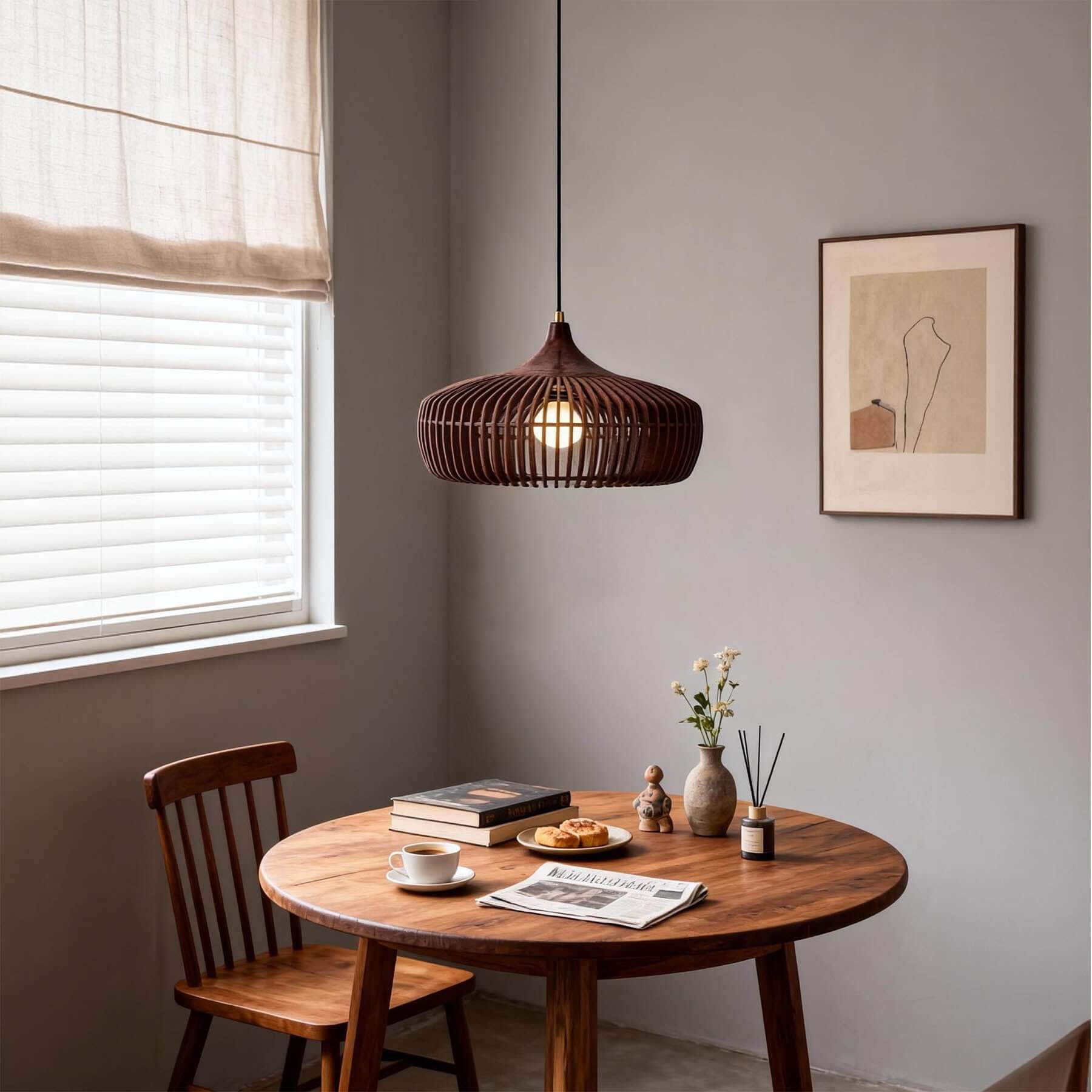 Pirevo Boho Wood Pendant Light | Wide Bowl Hanging Lamp
