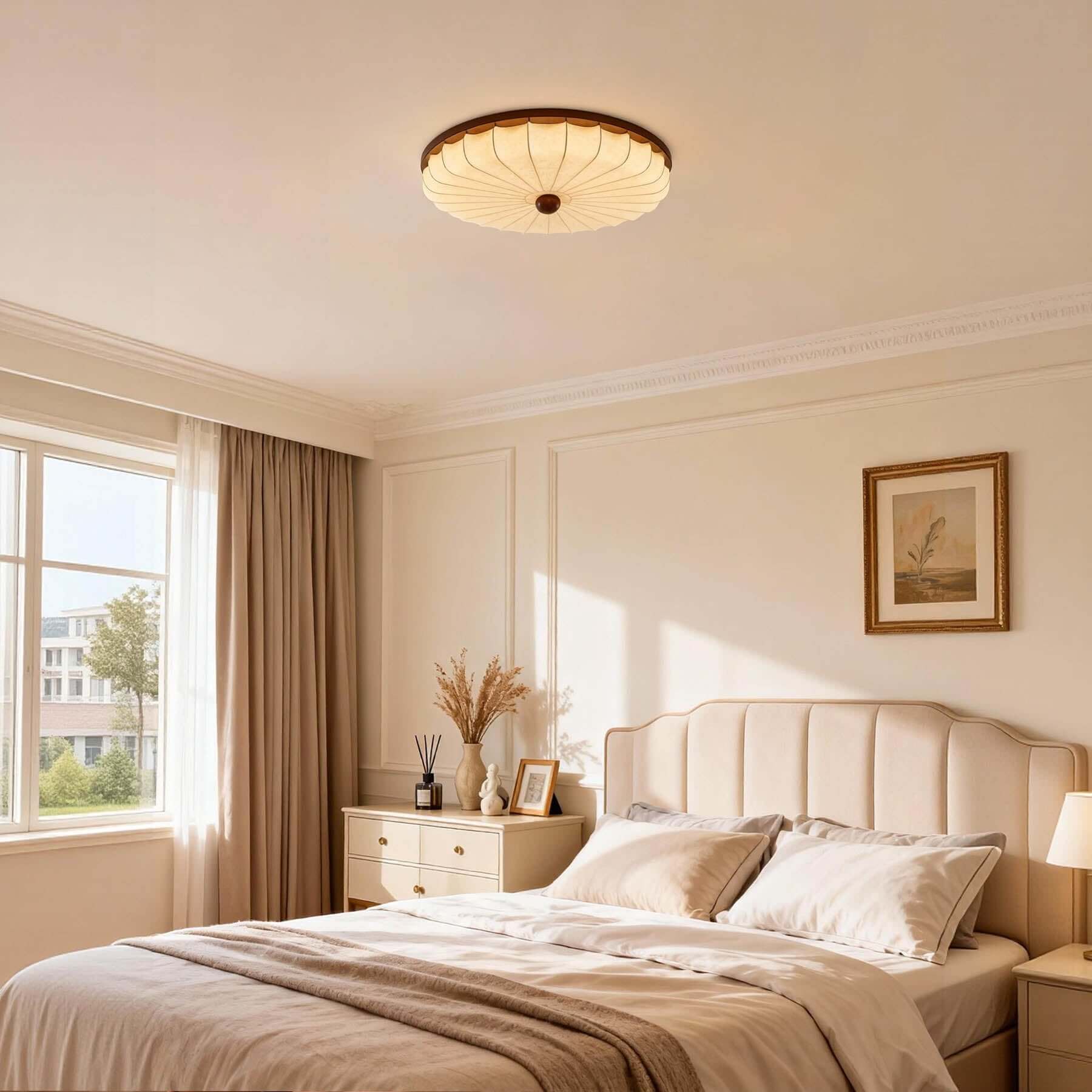 Ralemo Fabric & Wood Ceiling Light | Round Flush Mount 3-Size Lamp