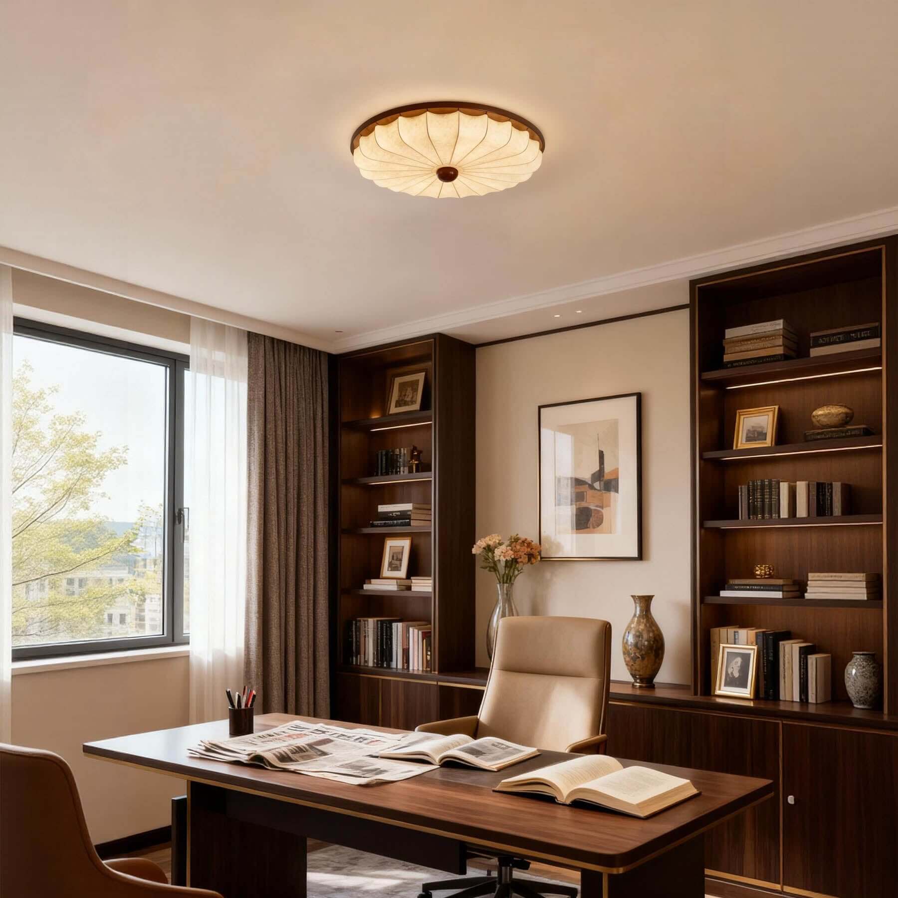 Ralemo Fabric & Wood Ceiling Light | Round Flush Mount 3-Size Lamp