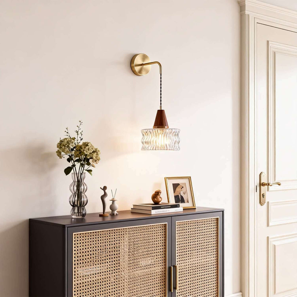 Ravico Glass & Wood Wall Light | Wabi-Sabi Bedside Sconce