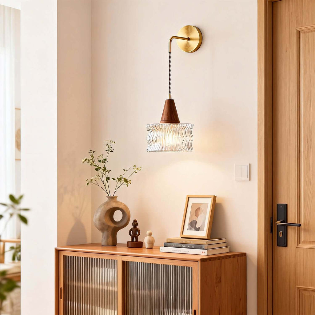 Ravico Glass & Wood Wall Light | Wabi-Sabi Bedside Sconce