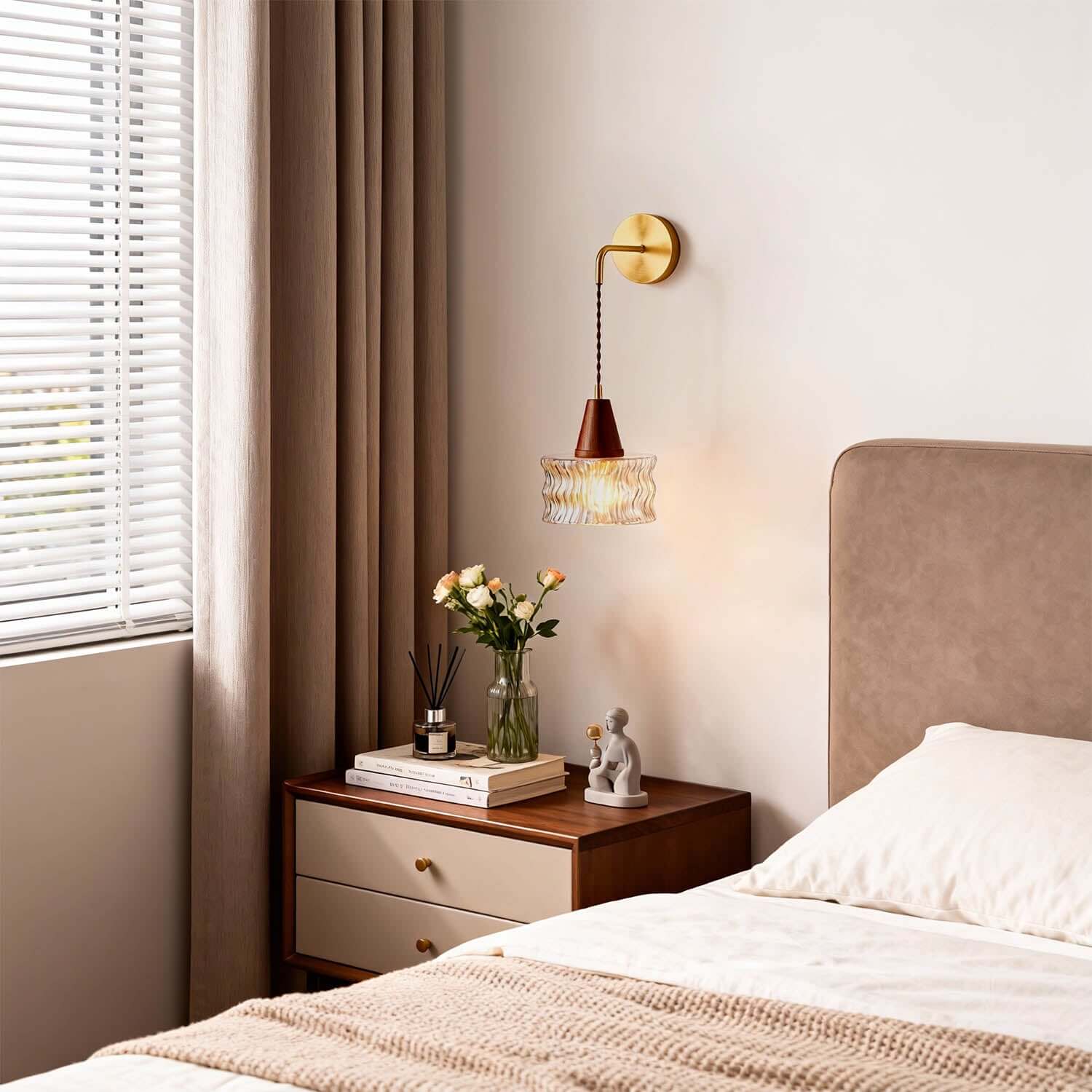 Ravico Glass & Wood Wall Light | Wabi-Sabi Bedside Sconce