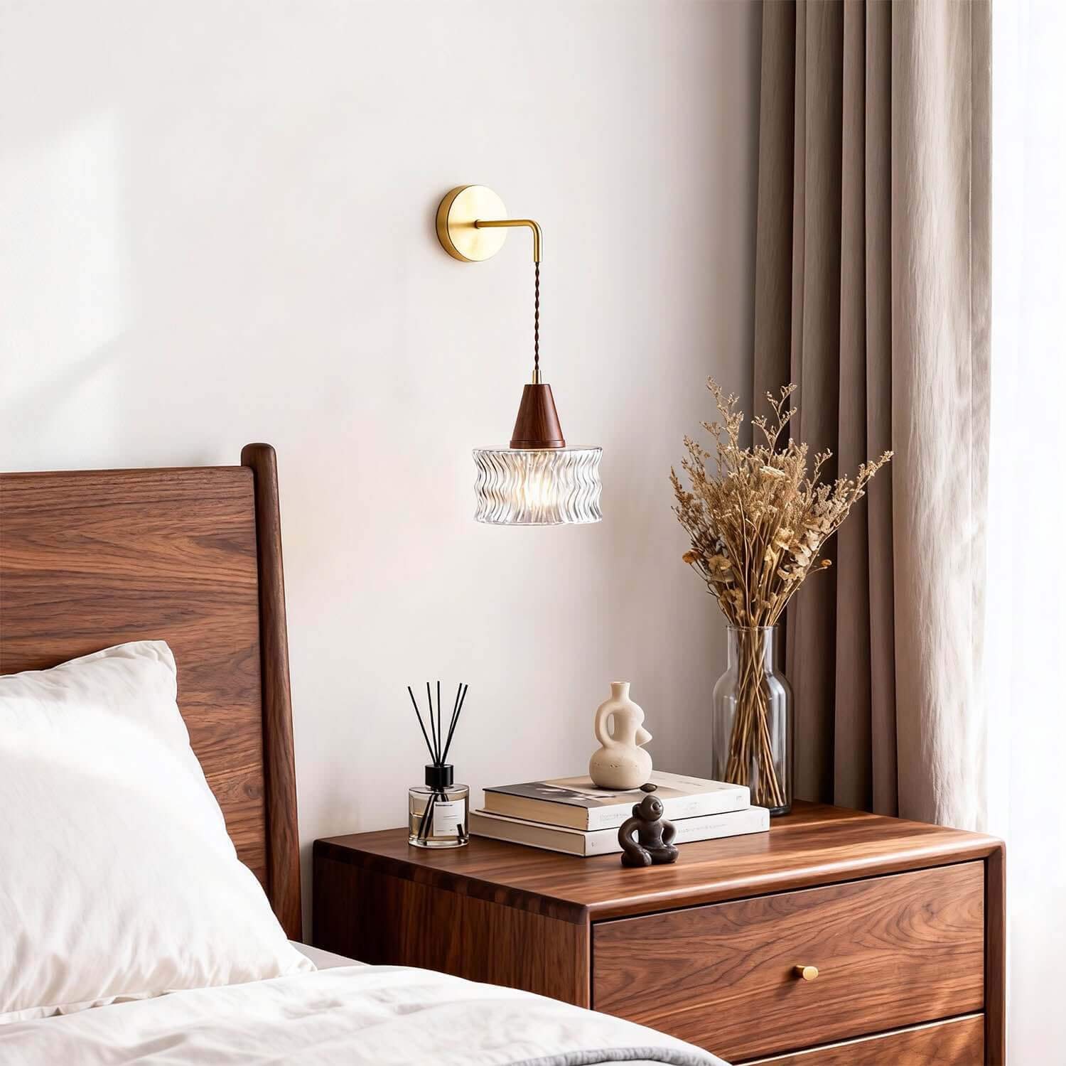 Ravico Glass & Wood Wall Light | Wabi-Sabi Bedside Sconce