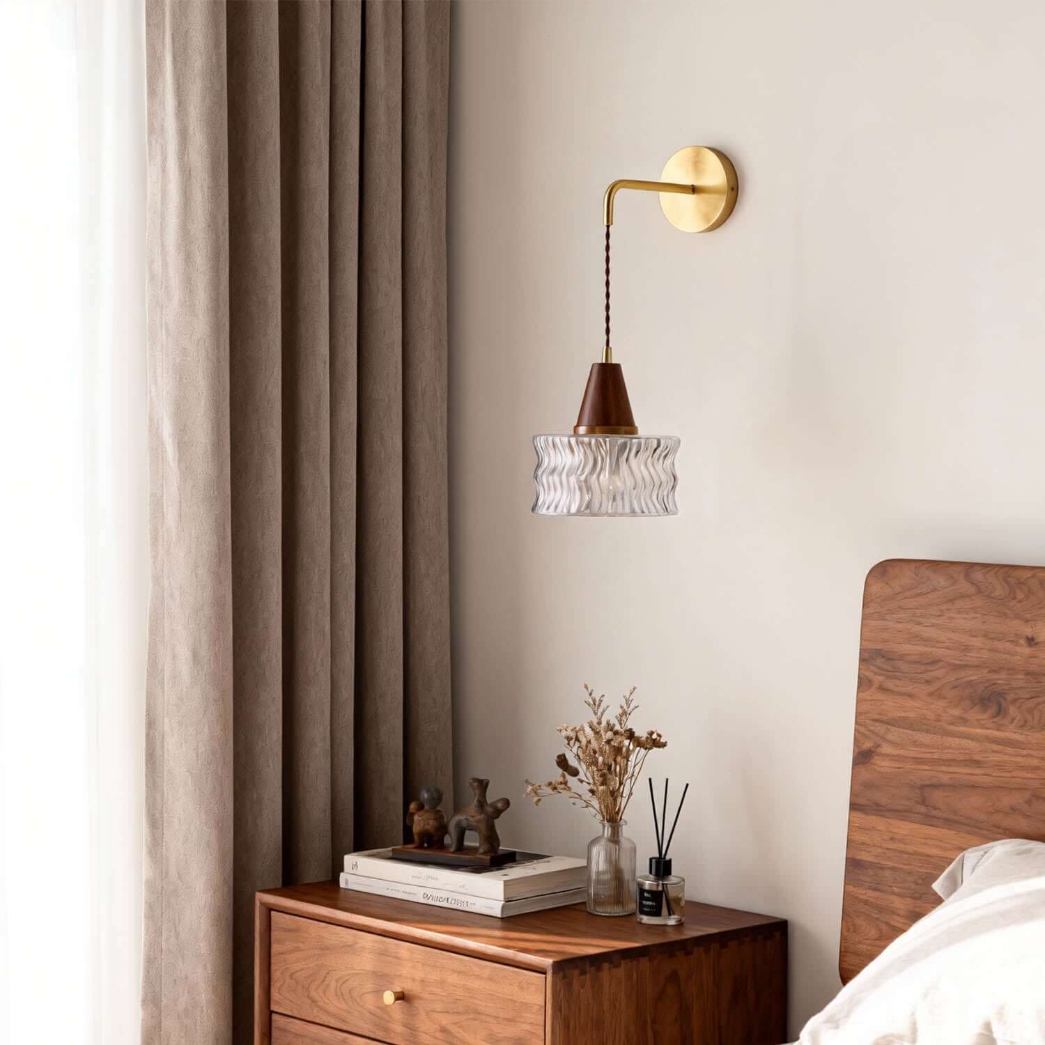 Ravico Glass & Wood Wall Light | Wabi-Sabi Bedside Sconce