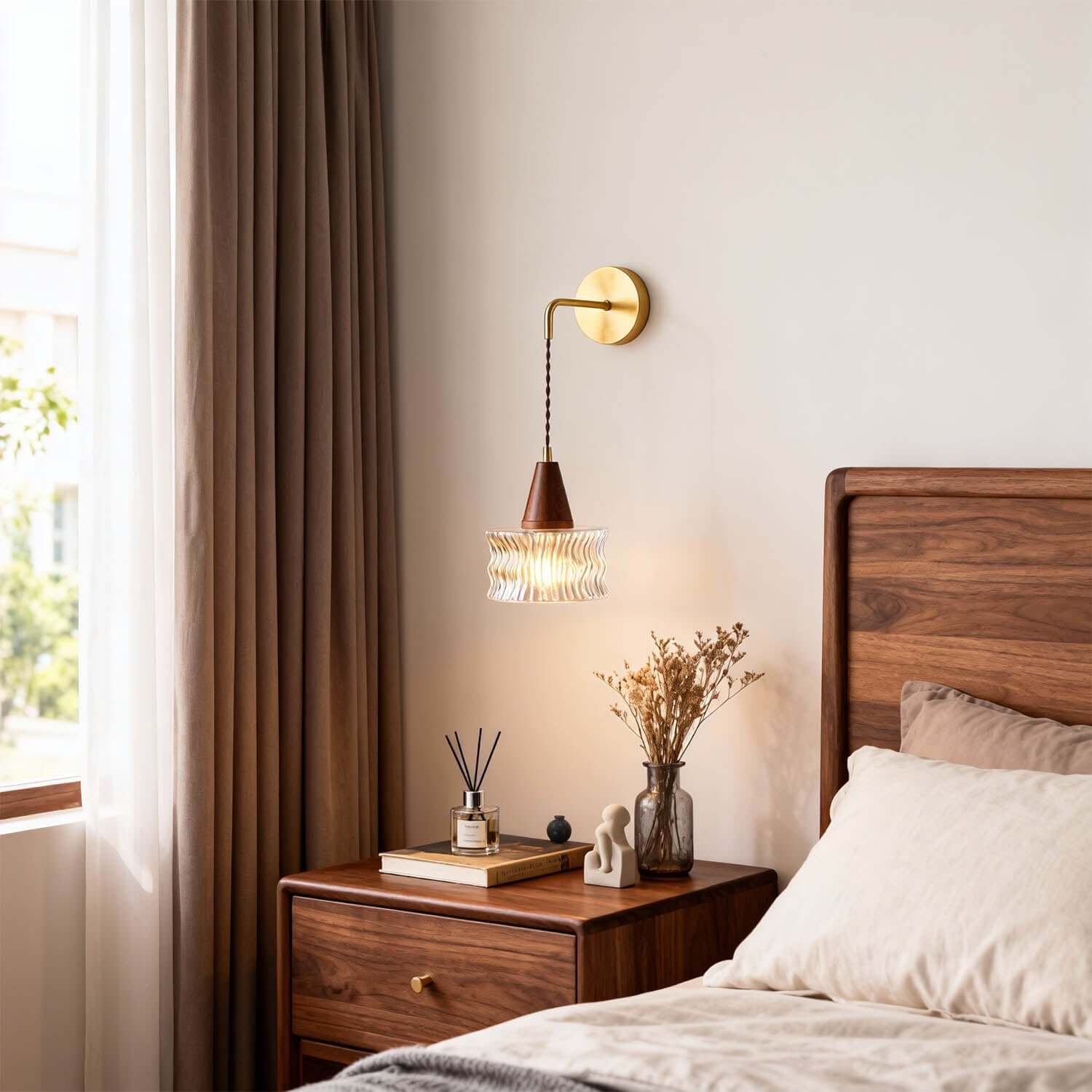 Ravico Glass & Wood Wall Light | Wabi-Sabi Bedside Sconce