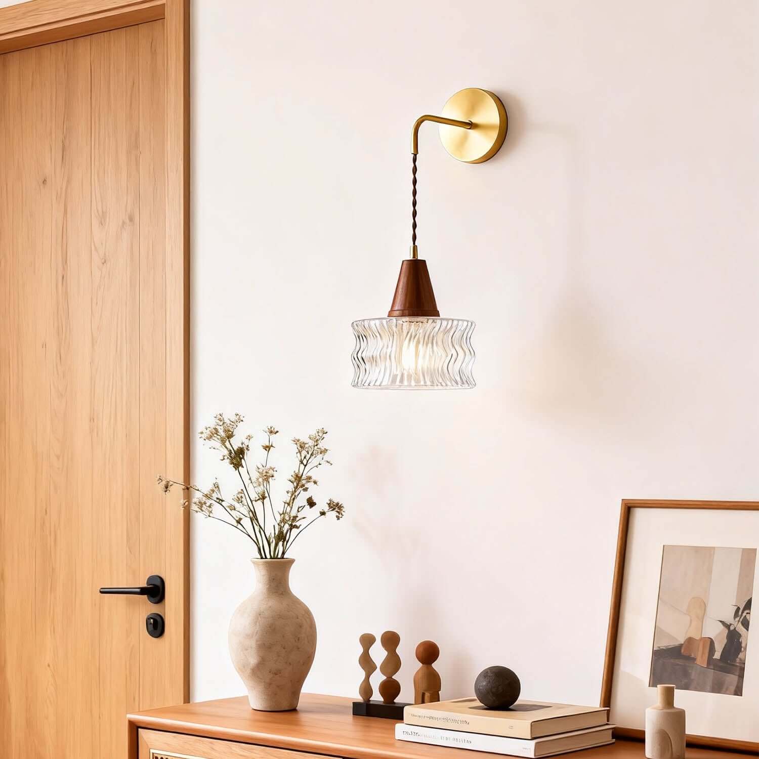 Ravico Glass & Wood Wall Light | Wabi-Sabi Bedside Sconce