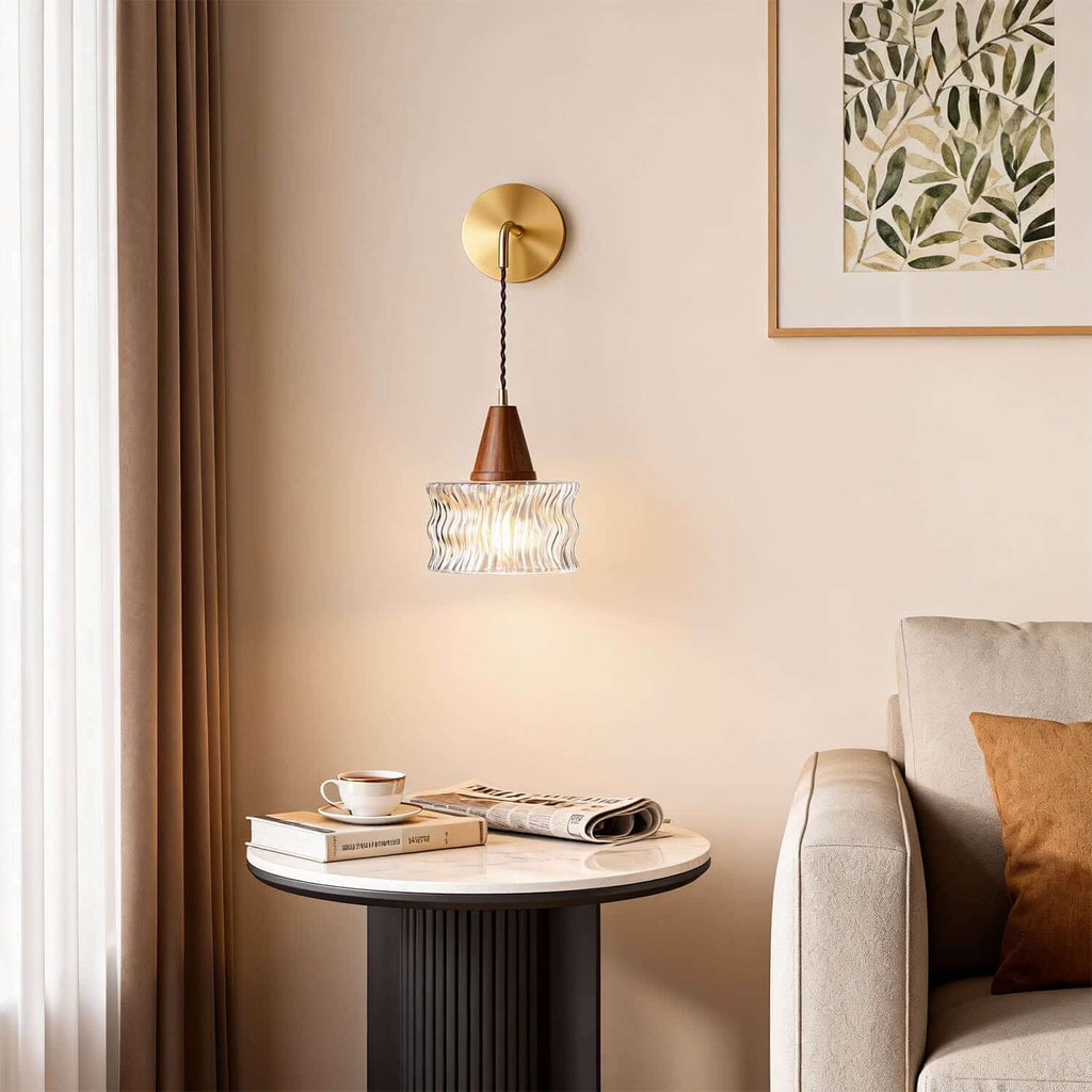 Ravico Glass & Wood Wall Light | Wabi-Sabi Bedside Sconce