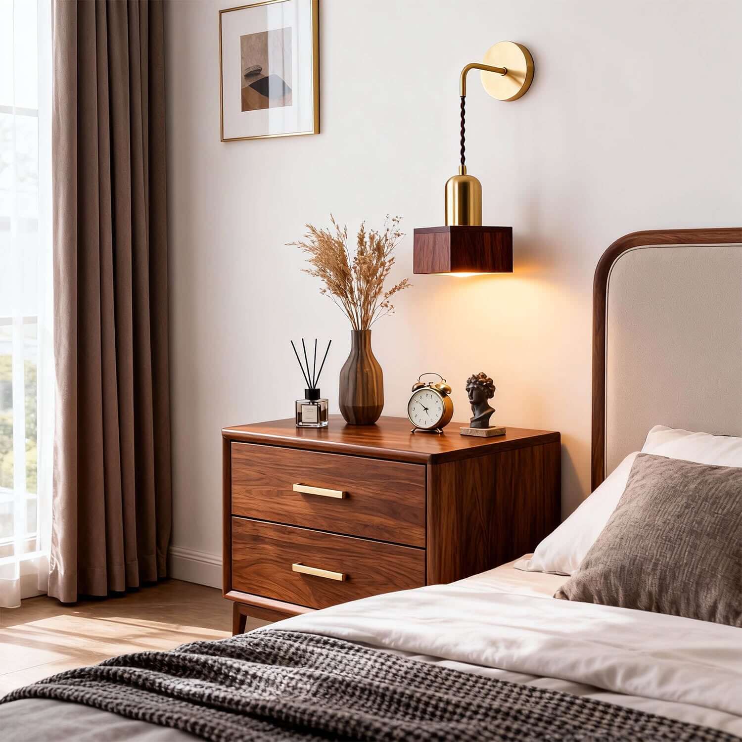 Revira Brass & Wood Wall Light | Slim Bedside Accent Sconce