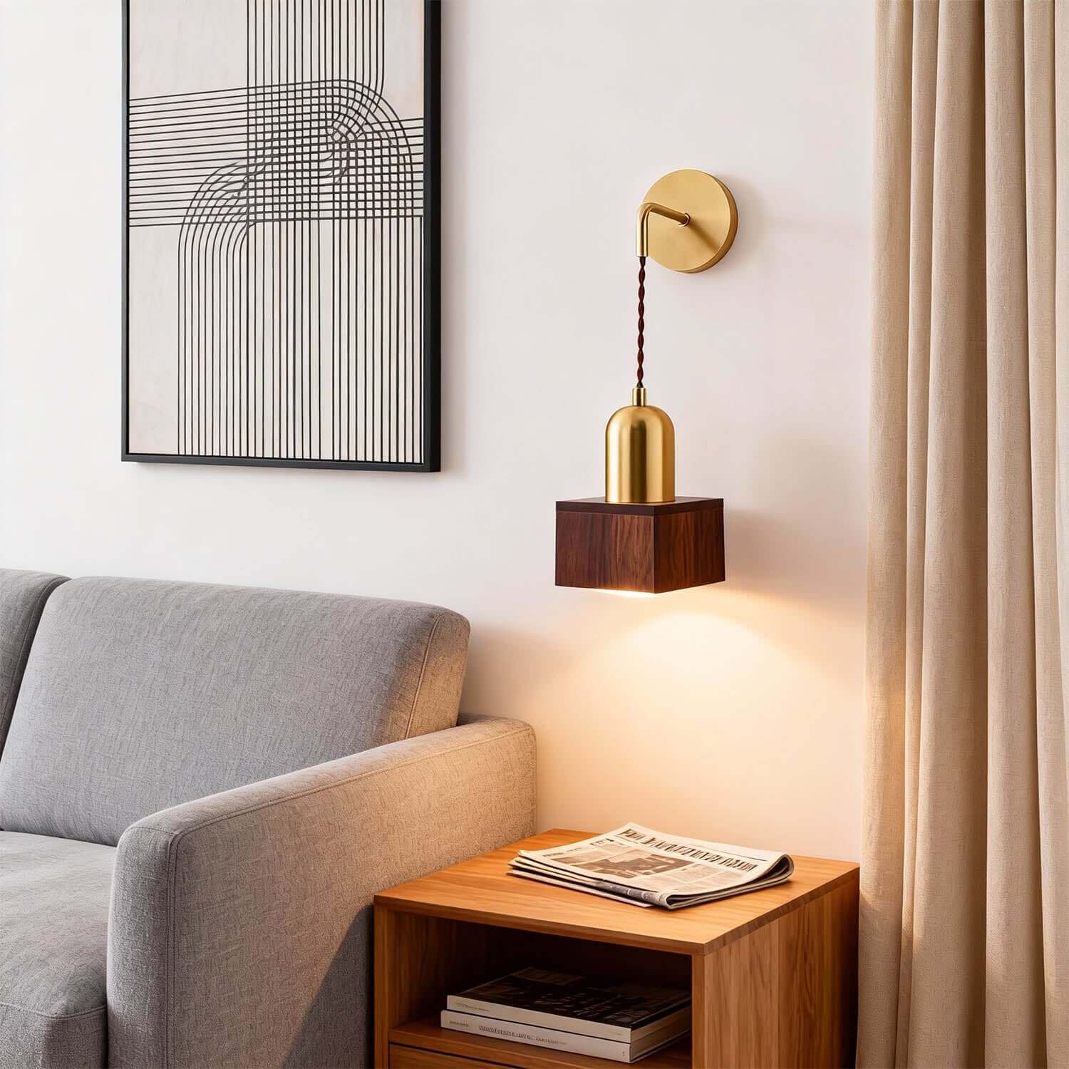 Revira Brass & Wood Wall Light | Slim Bedside Accent Sconce