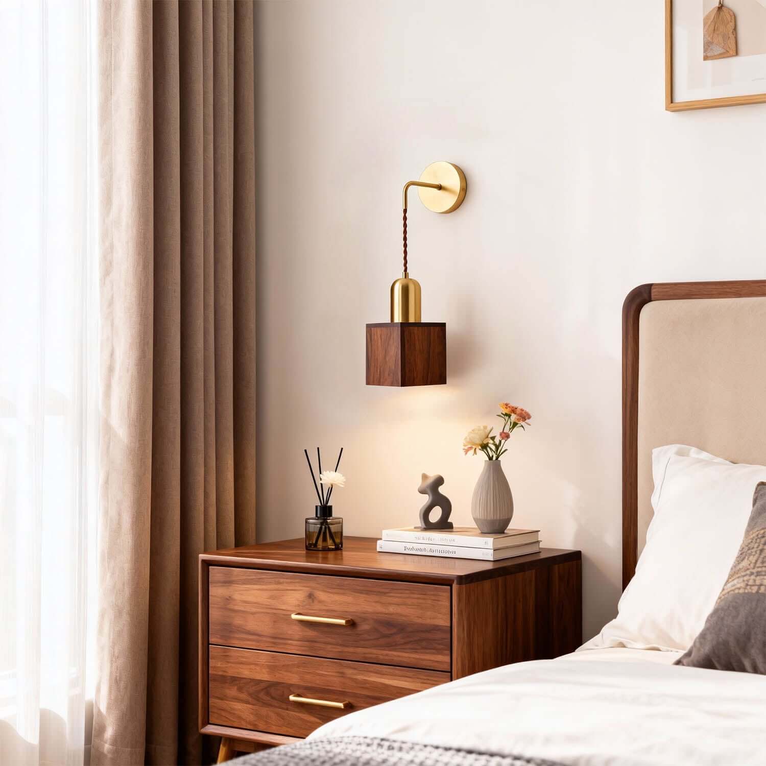 Revira Brass & Wood Wall Light | Slim Bedside Accent Sconce