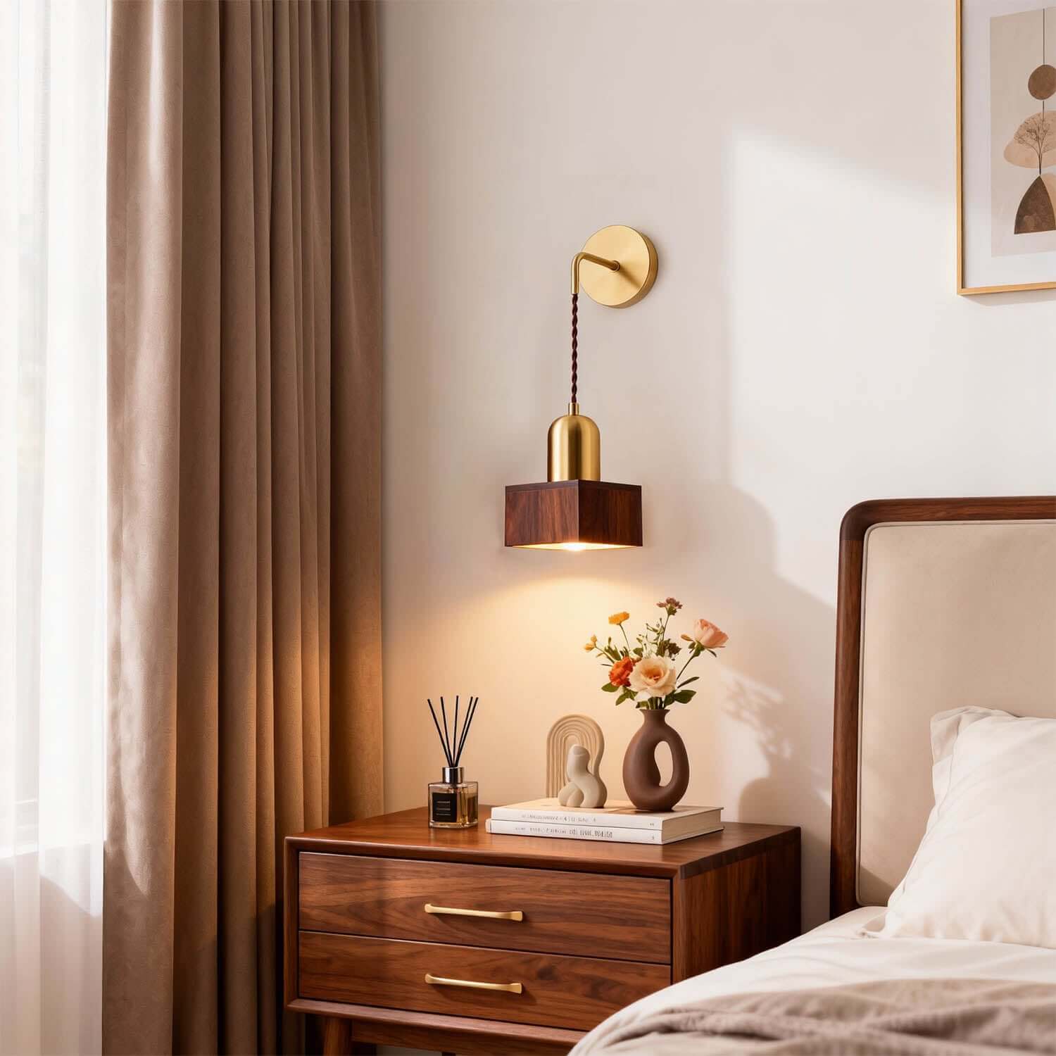 Revira Brass & Wood Wall Light | Slim Bedside Accent Sconce