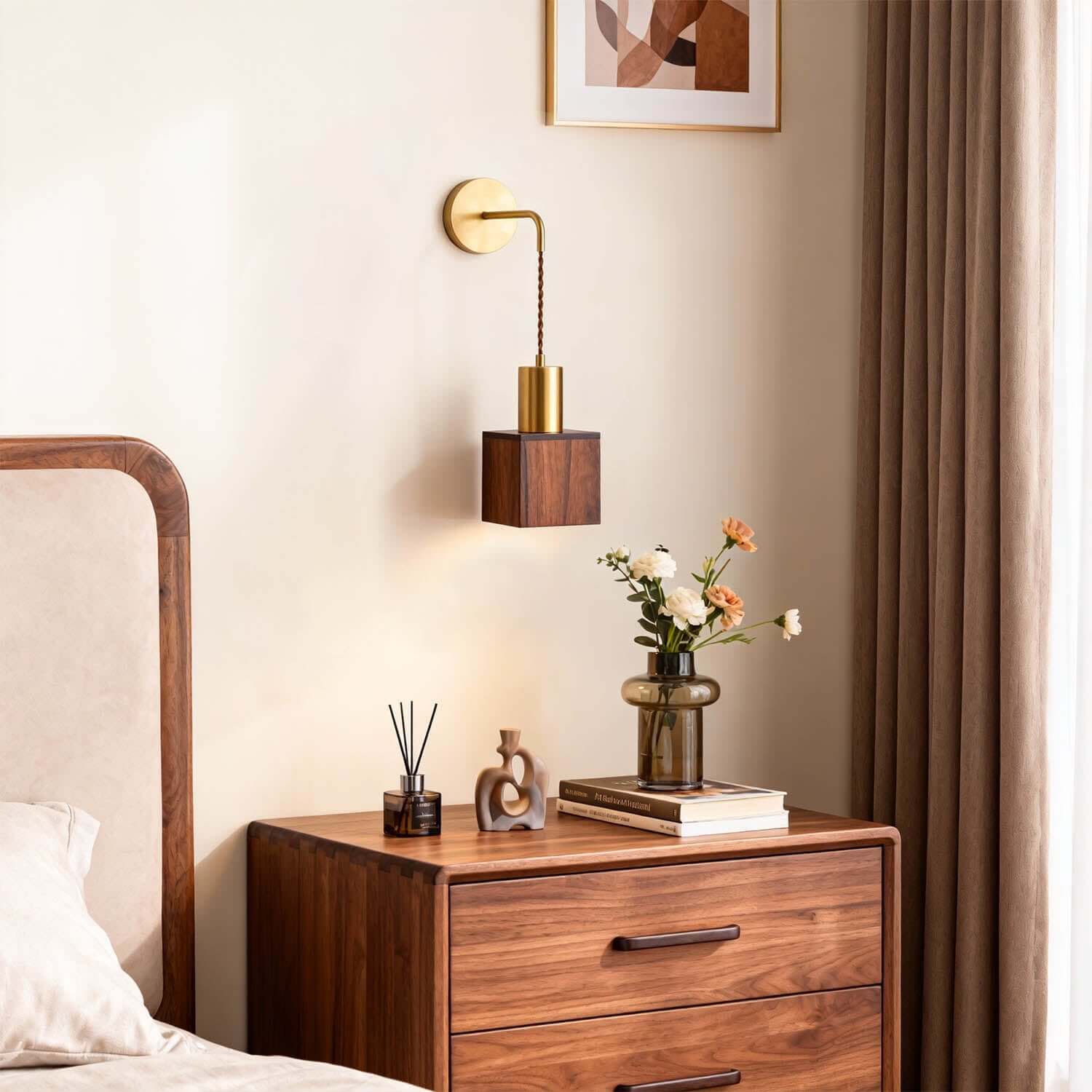 Revira Brass & Wood Wall Light | Slim Bedside Accent Sconce
