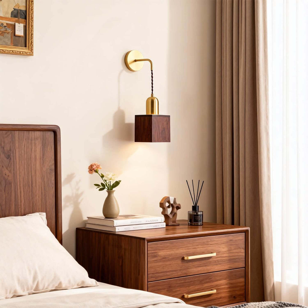 Revira Brass & Wood Wall Light | Slim Bedside Accent Sconce