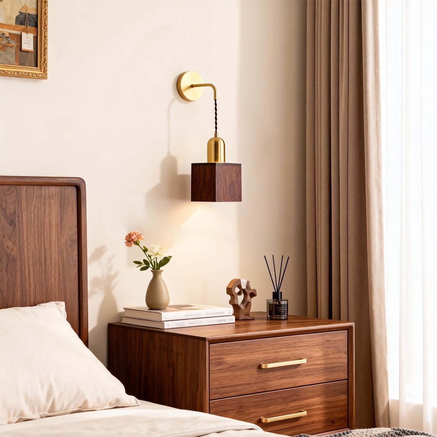 Revira Brass & Wood Wall Light | Slim Bedside Accent Sconce