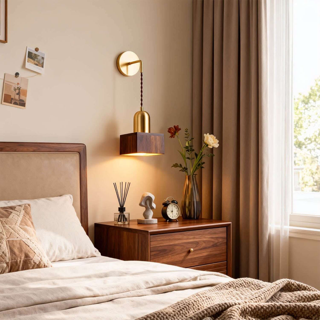 Revira Brass & Wood Wall Light | Slim Bedside Accent Sconce