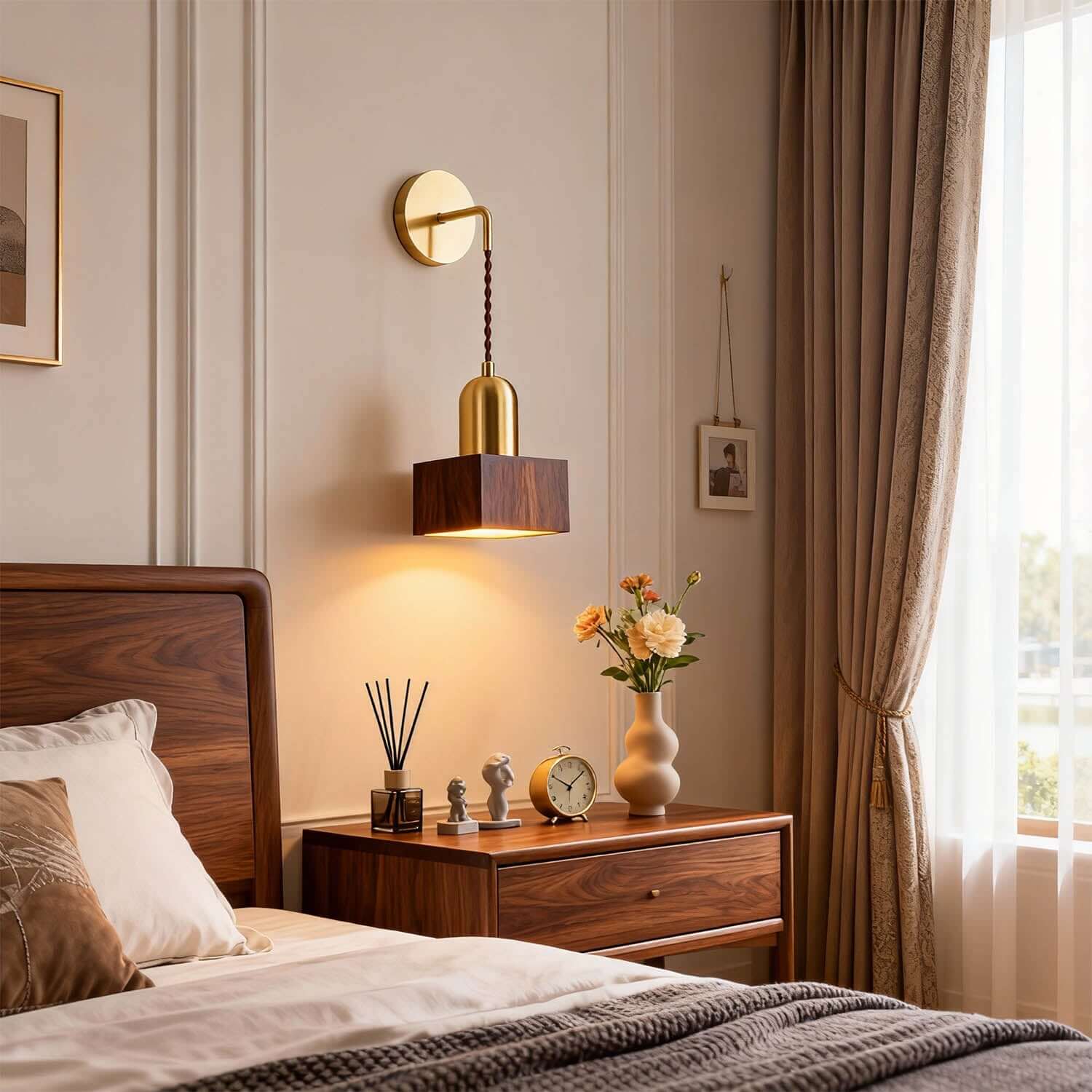 Revira Brass & Wood Wall Light | Slim Bedside Accent Sconce