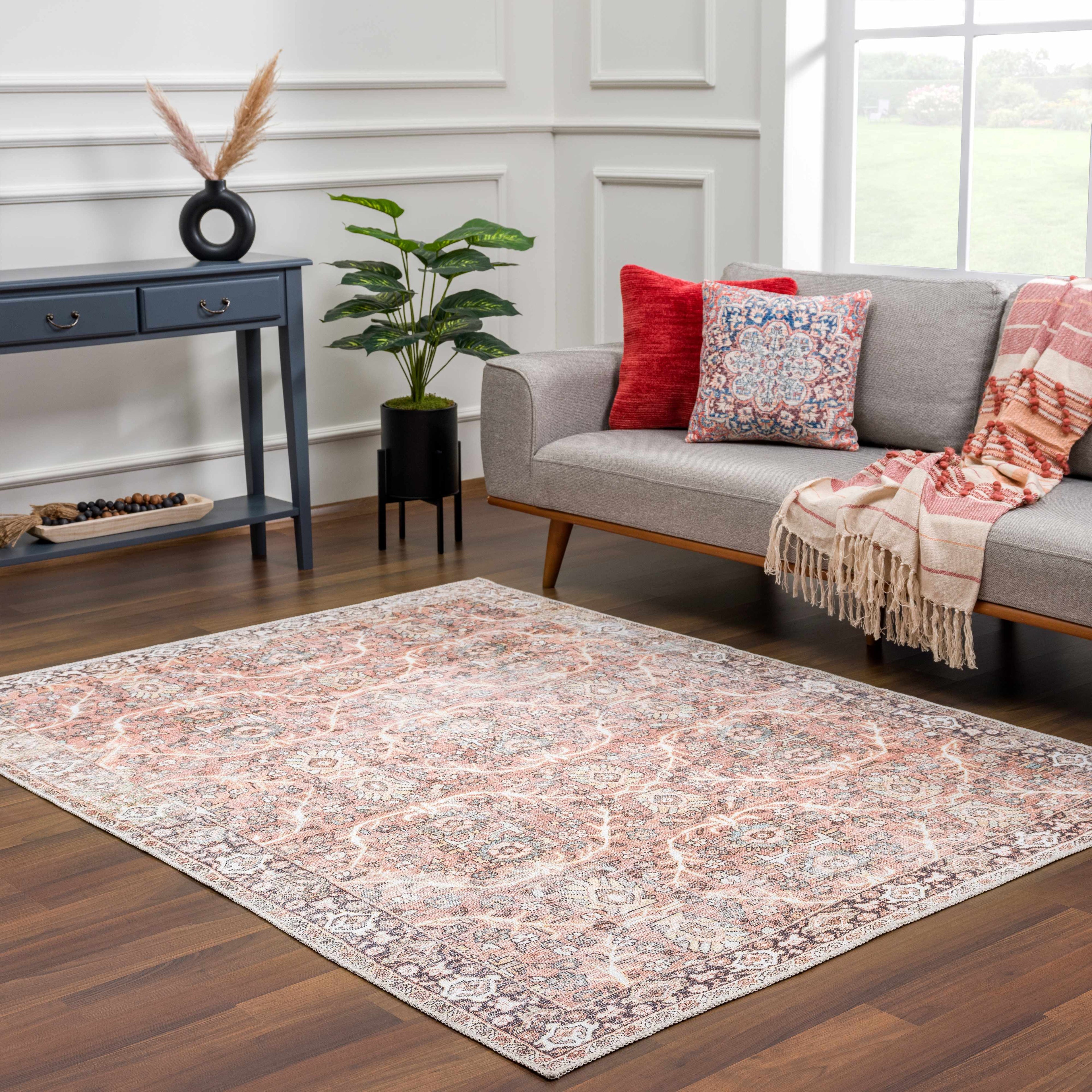 Bian Pink Distressed Washable Area Rug | Durable Everyday Design – Hauteloom