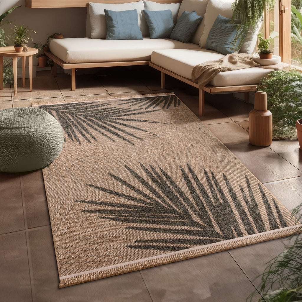 Outdoor Rug Cologne with Modern Leaf Design in Beige