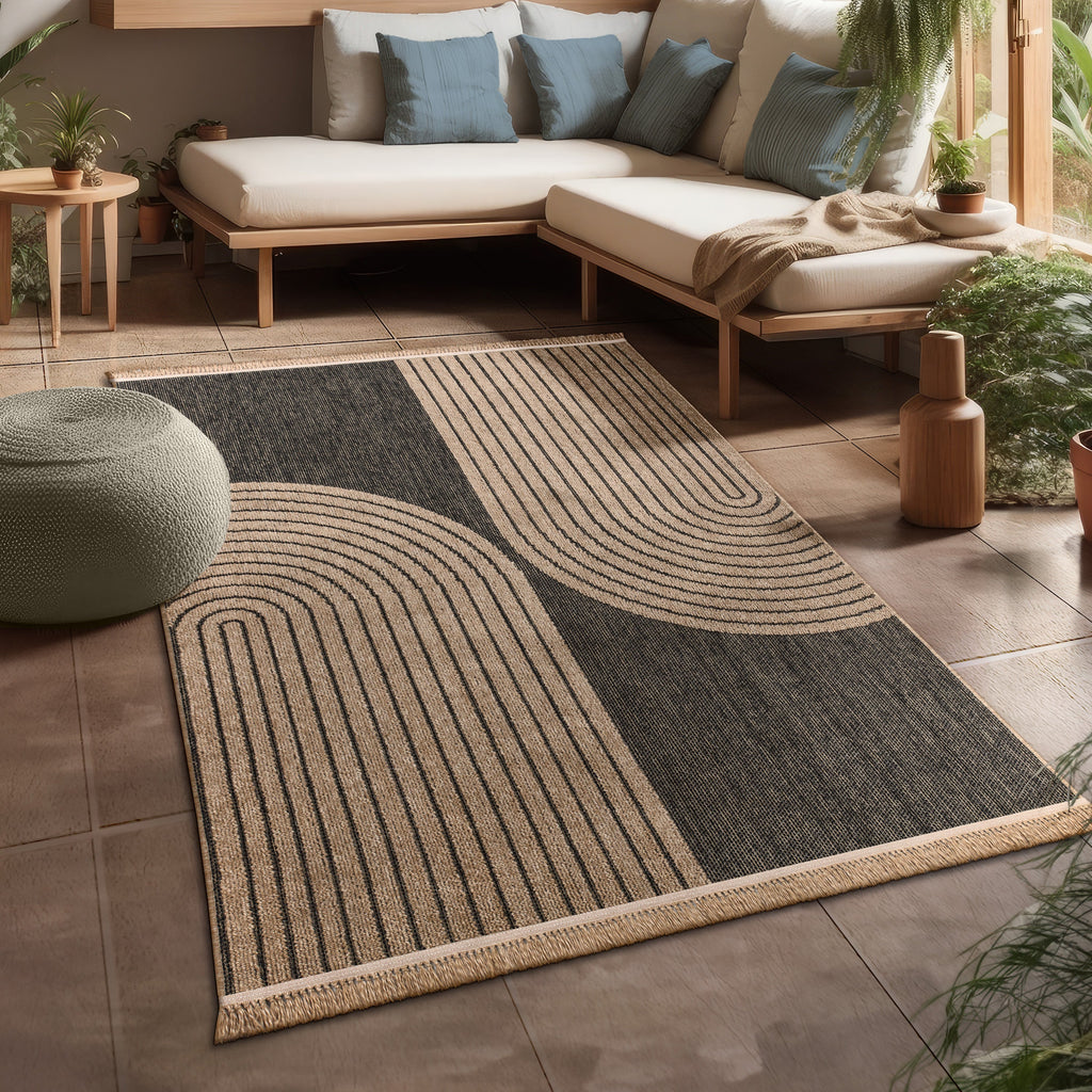 Outdoor Rug Cologne with Modern Lines Design in Beige Black