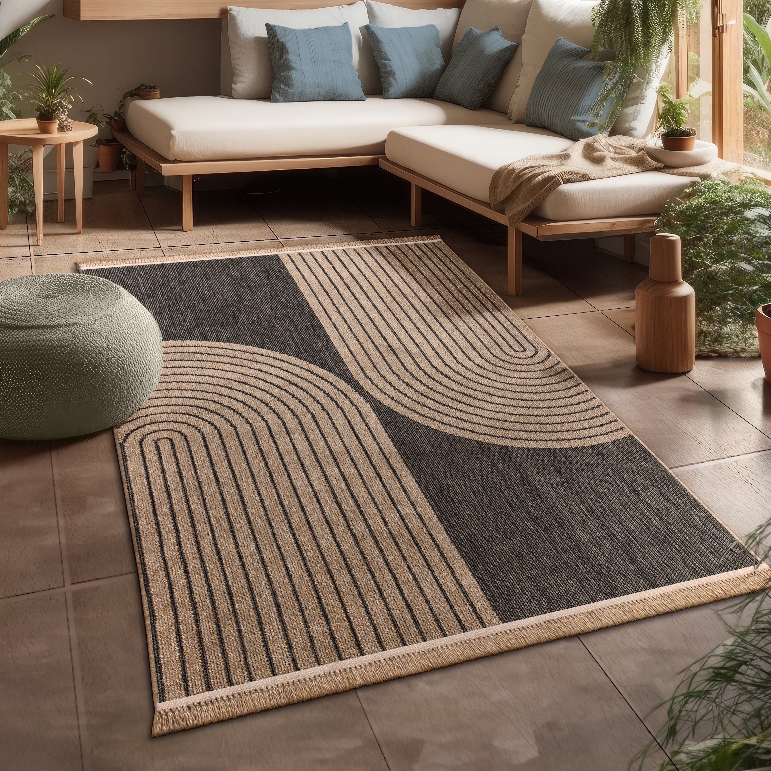 Outdoor Rug Cologne with Modern Lines Design in Beige Black
