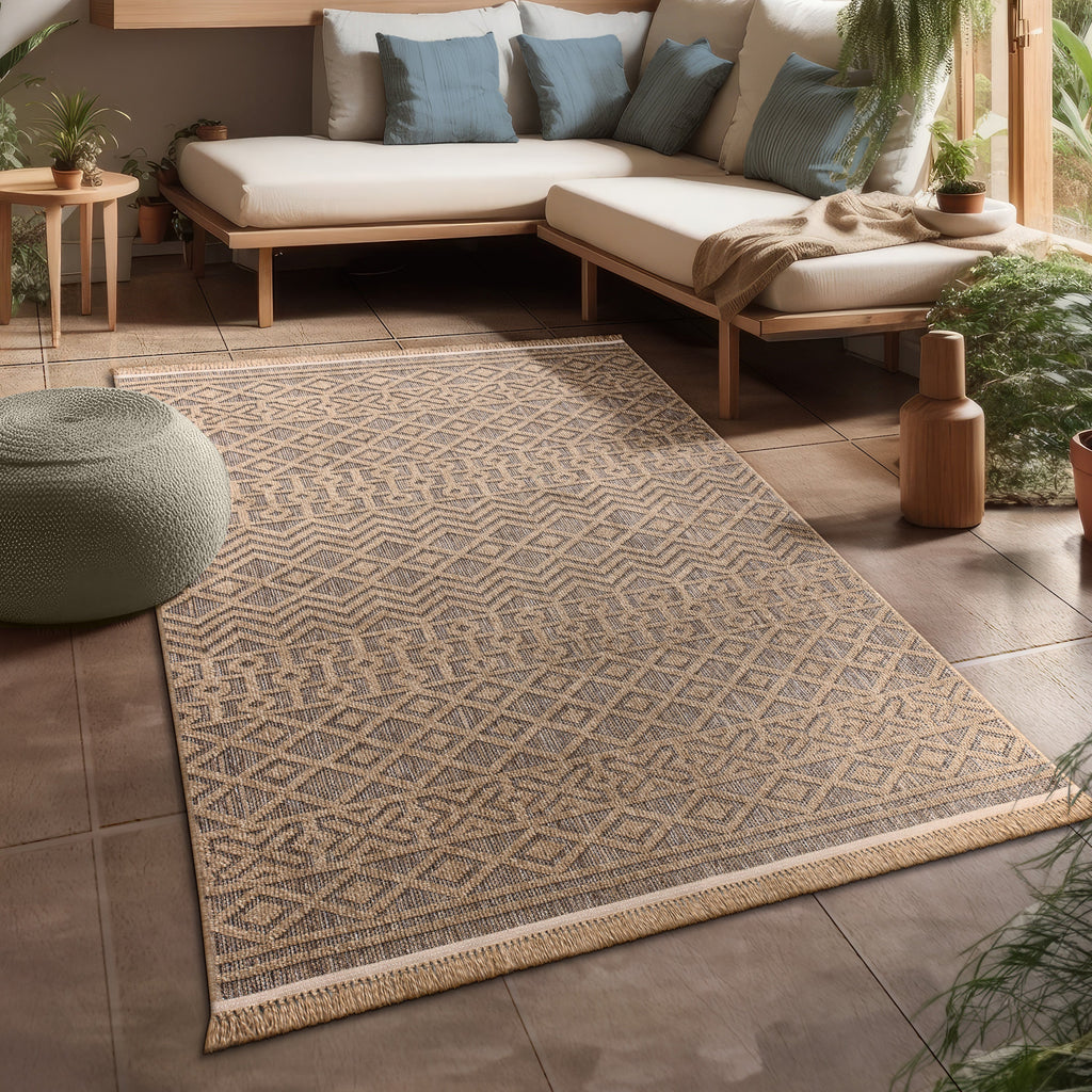 Outdoor Rug Cologne with Bohemian Aztec Pattern in Beige