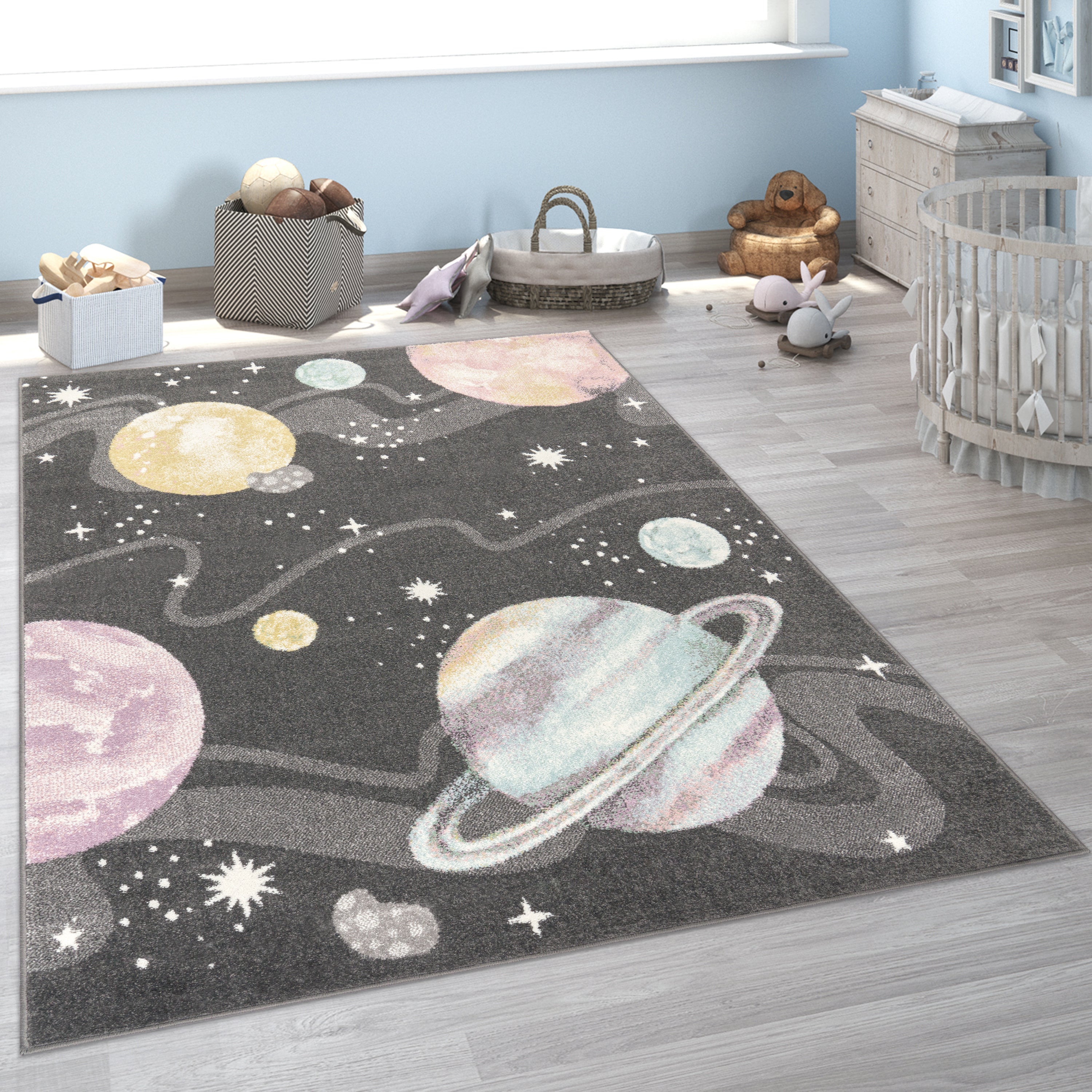 Nino Space Kids Rug | Pastel Planets & Stars Anthracite Design