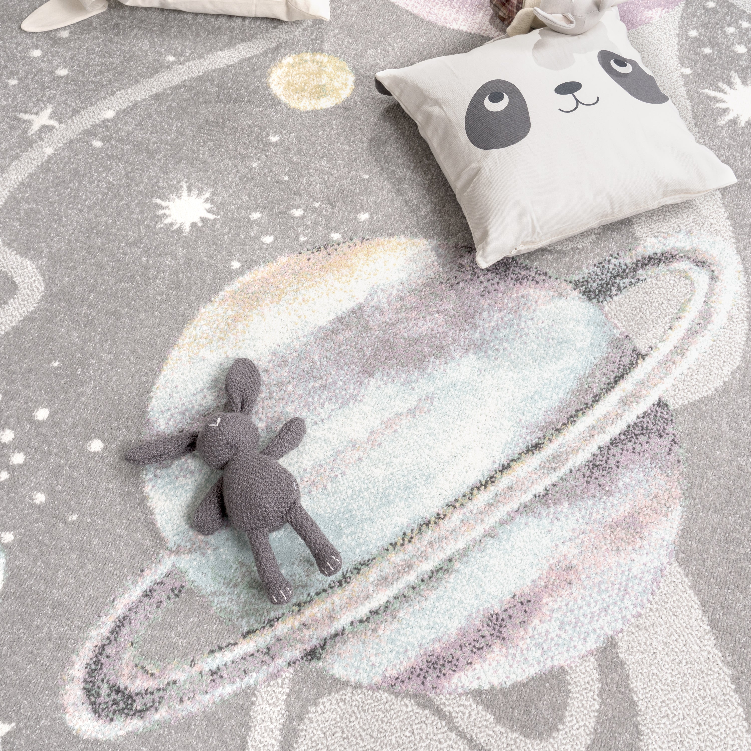 Nino Space Kids Rug | Pastel Planets & Stars Grey Design