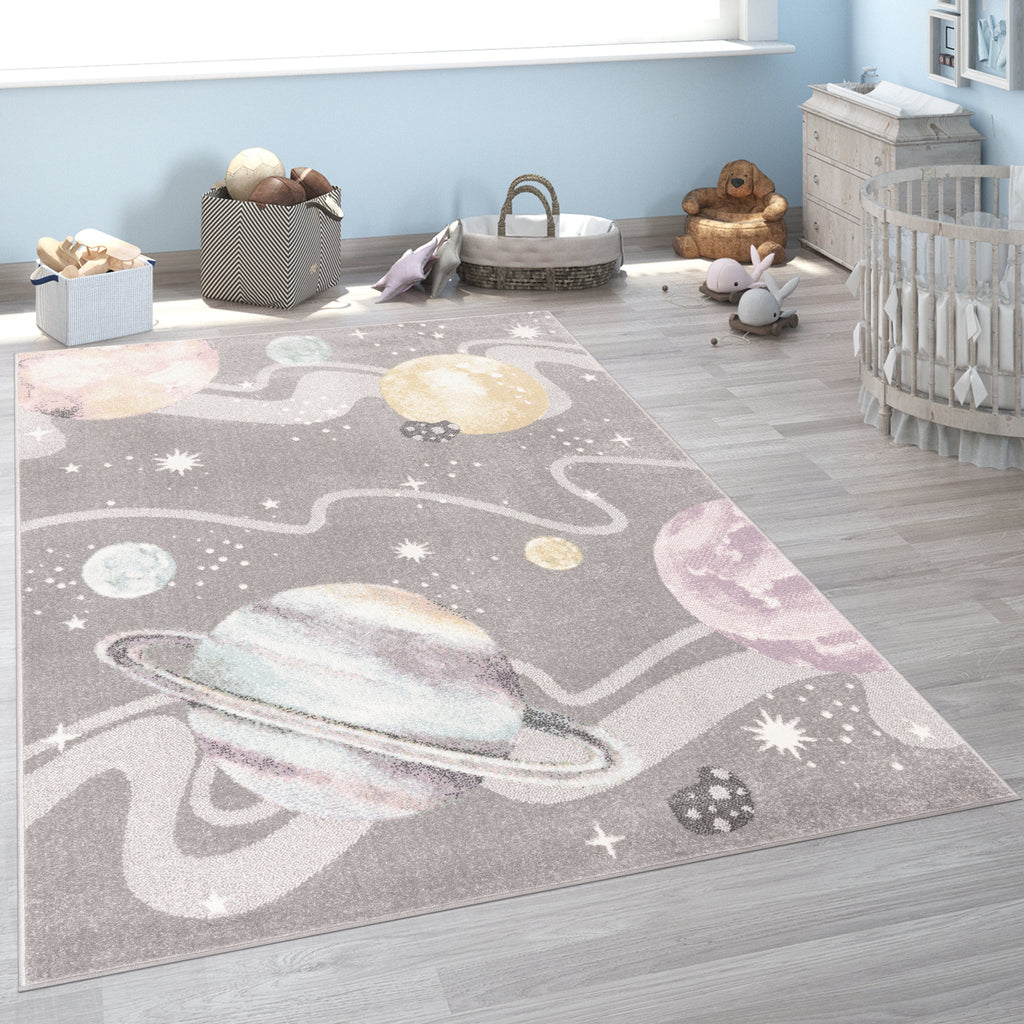 Nino Space Kids Rug | Pastel Planets & Stars Grey Design