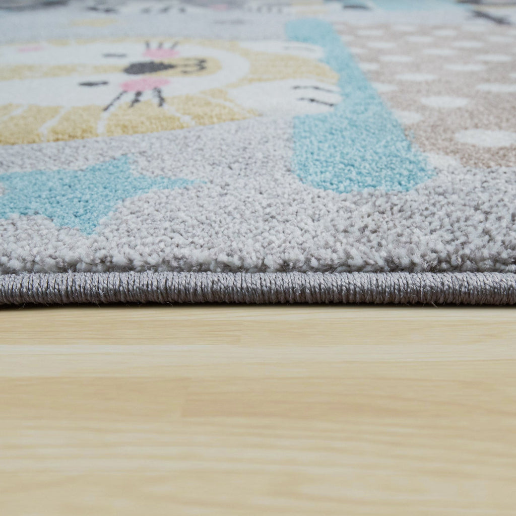 Elaya Kids Rug | Cute Animals on a Train Pastel Grey Design