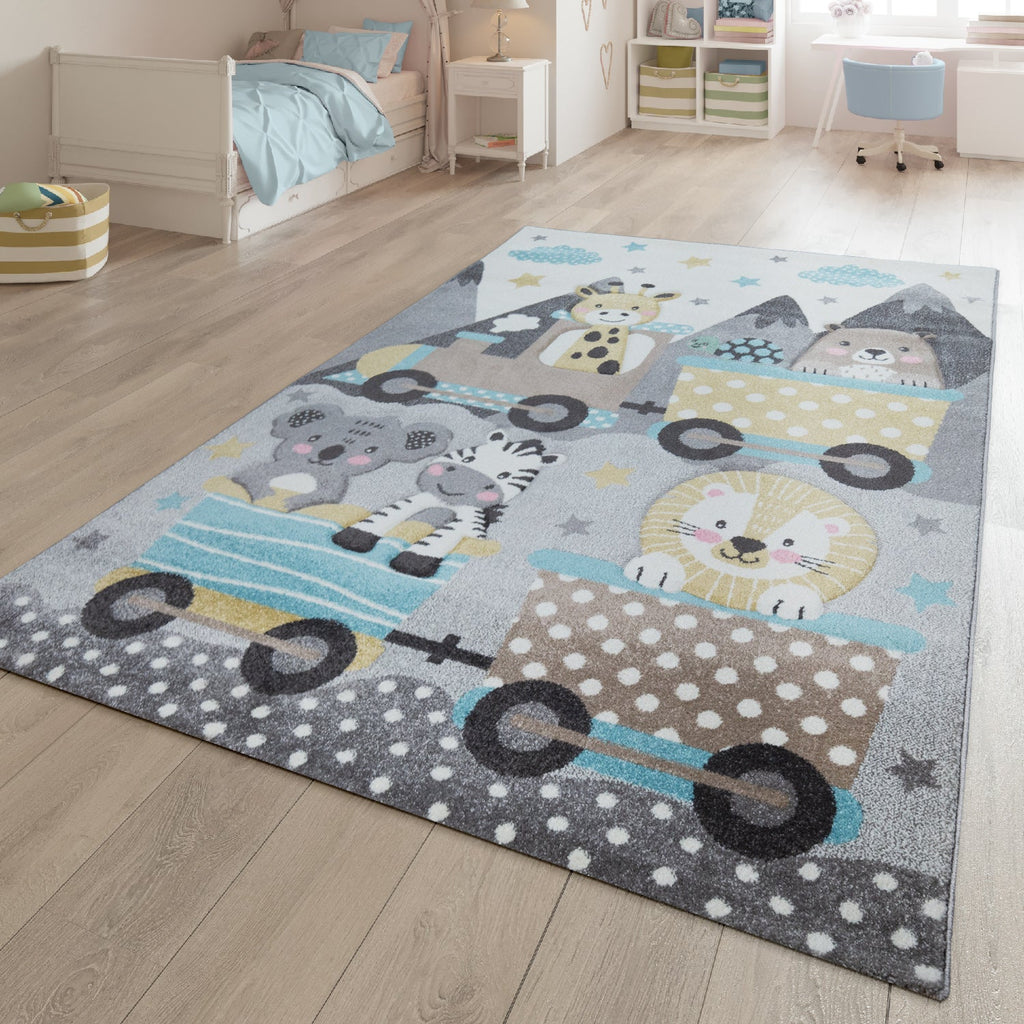Elaya Kids Rug | Cute Animals on a Train Pastel Grey Design