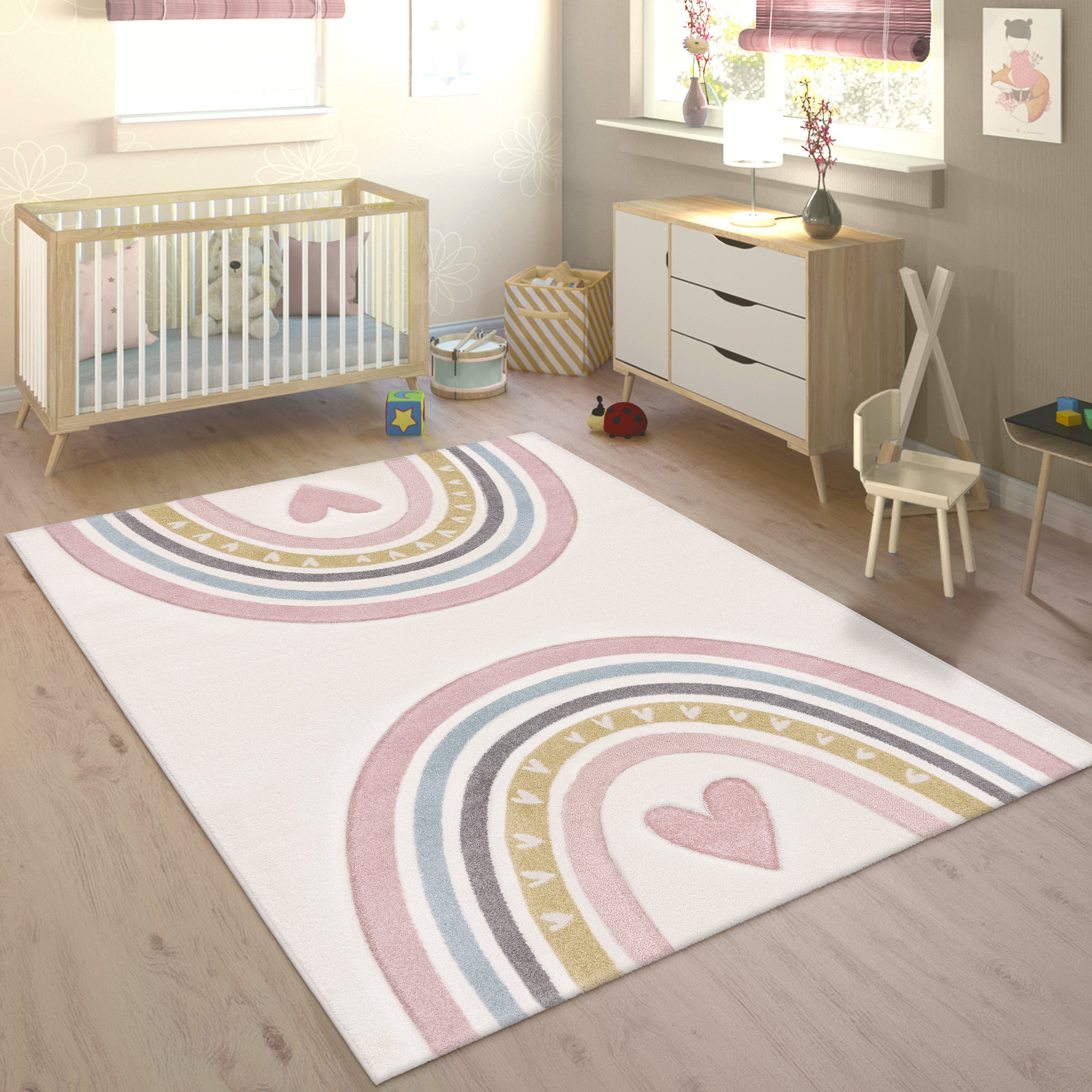 Cosmo Kids Rug | Rainbow & Hearts Cream Design