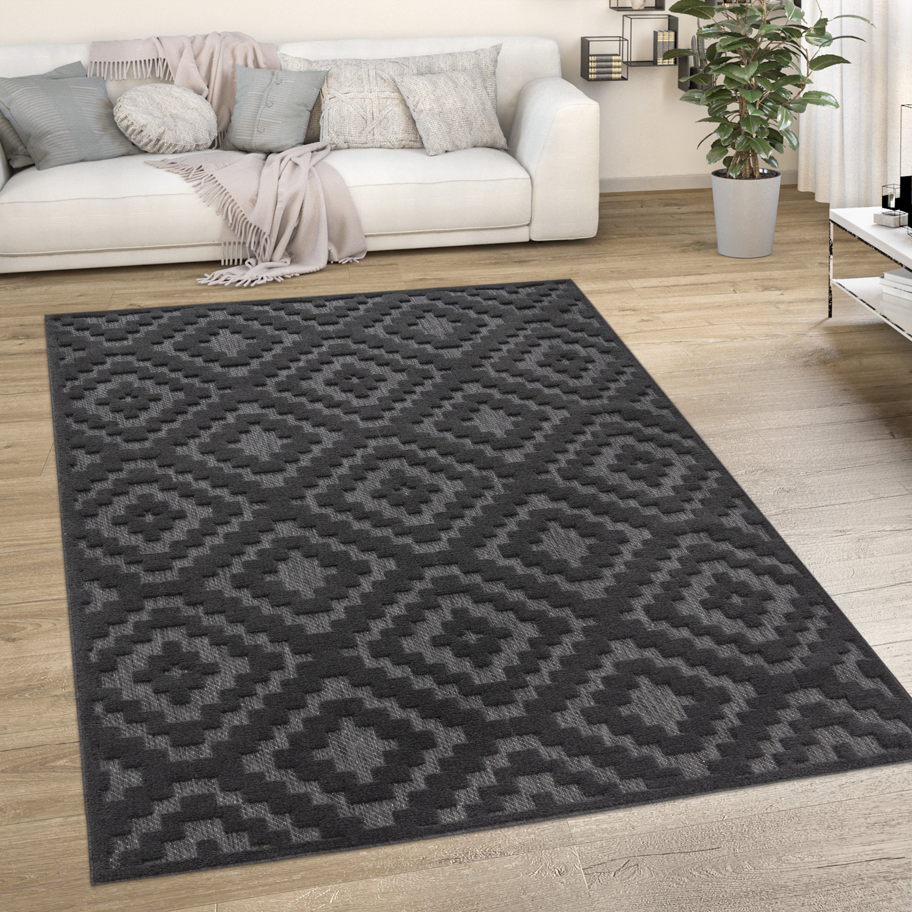 Outdoor Rug Livorno Trellis High-Low Pattern In Anthracite