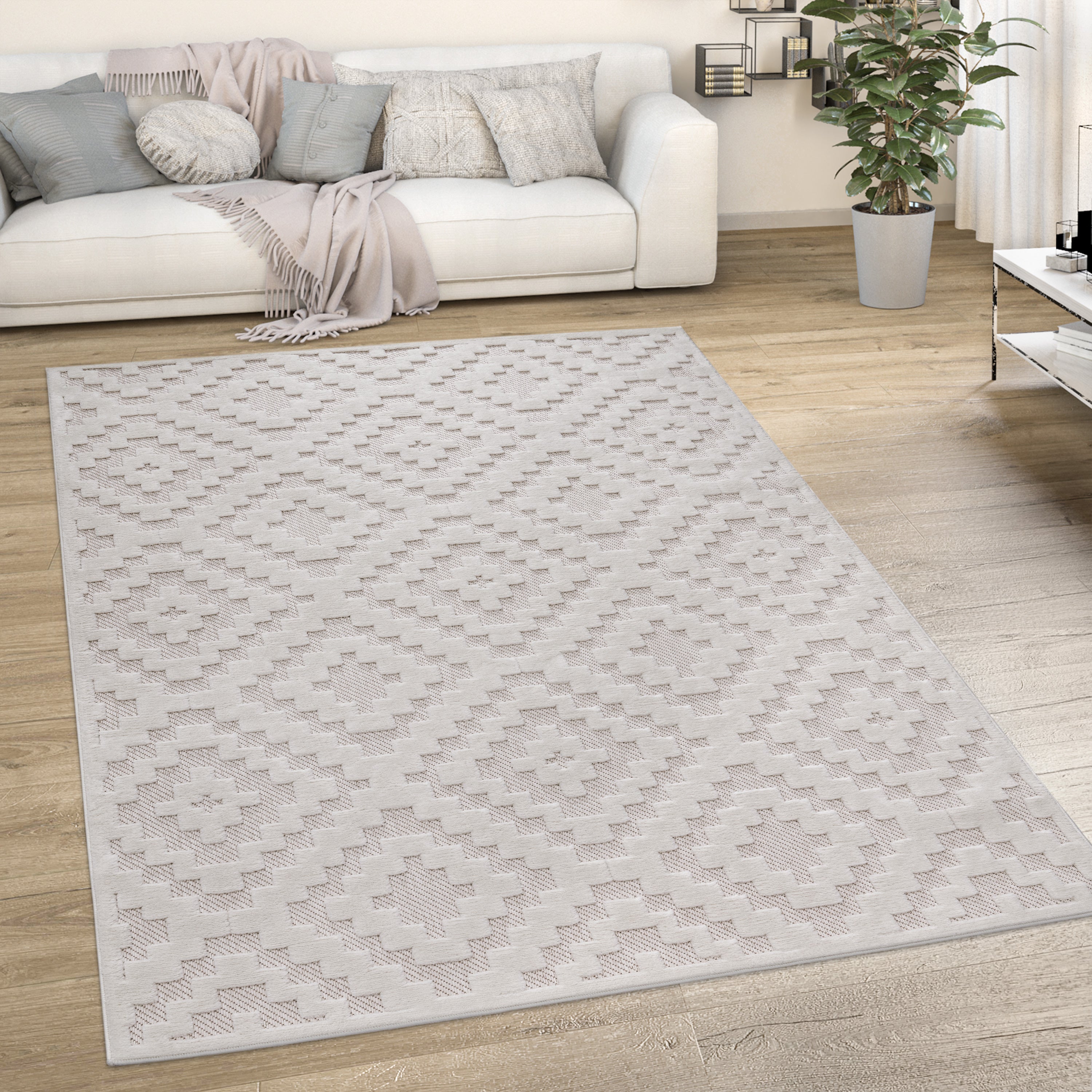 Outdoor Rug Livorno Trellis High-Low Pattern In Cream