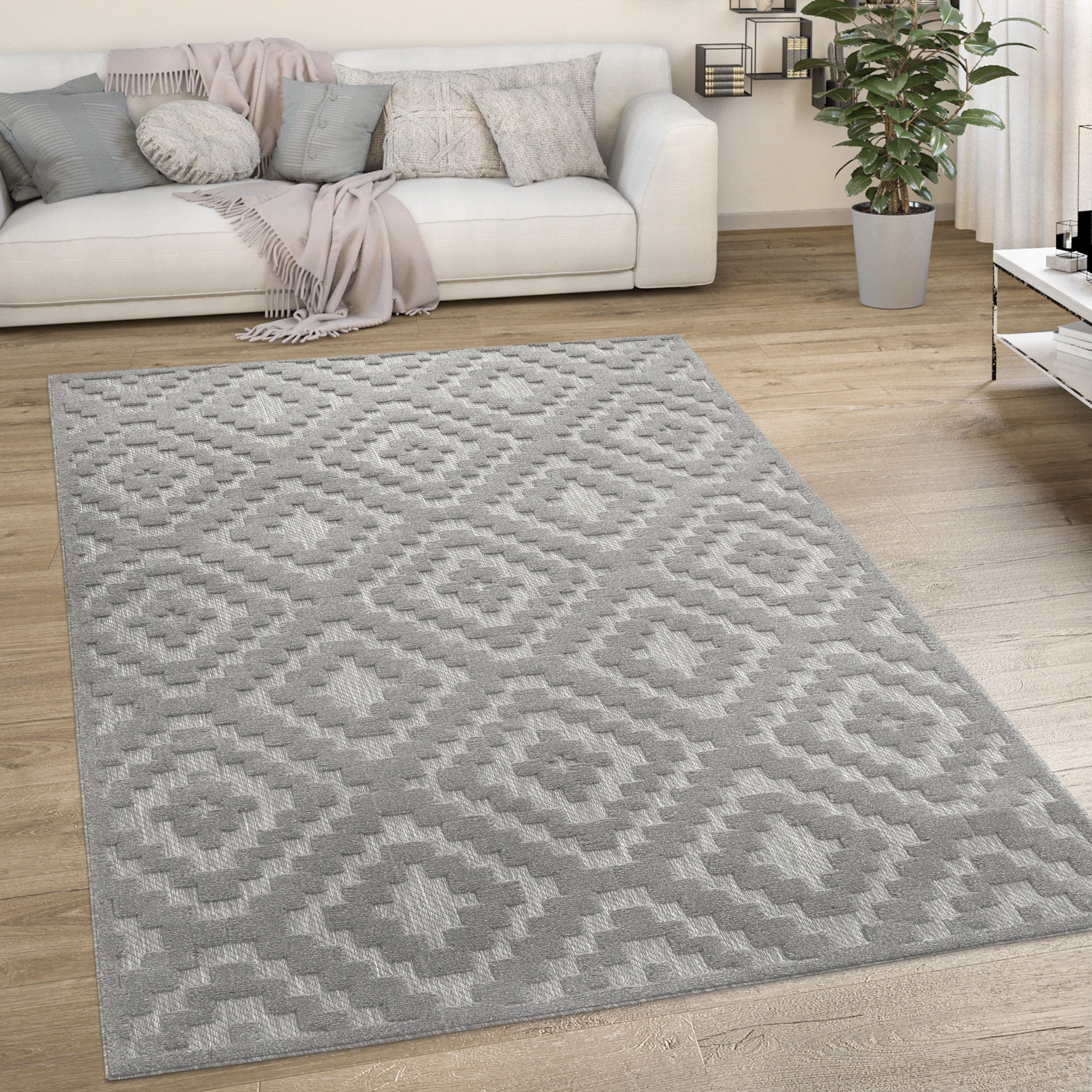 Outdoor Rug Livorno Trellis High-Low Pattern In Grey