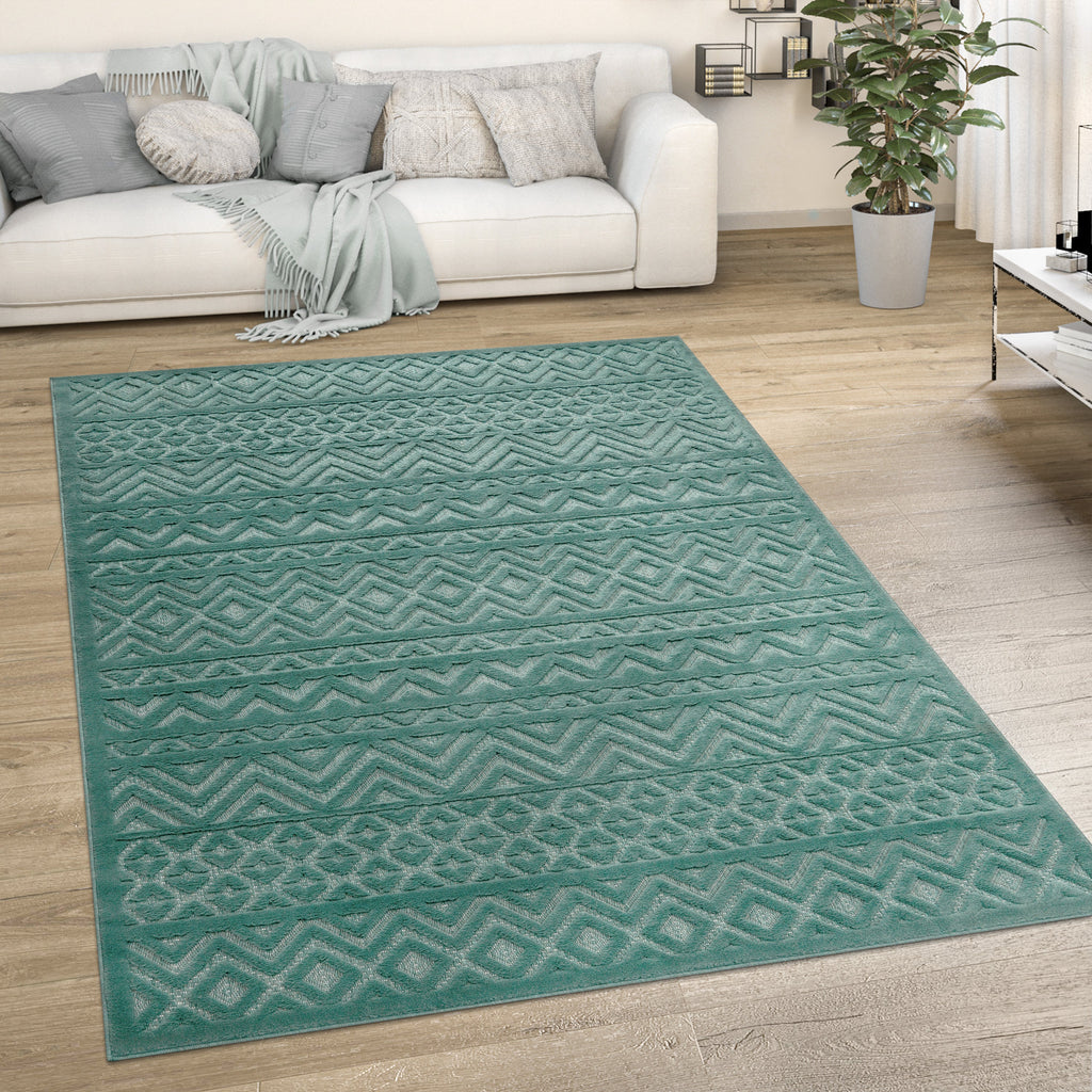 Outdoor Rug Livorno Boho High-Low Pattern In Turquoise