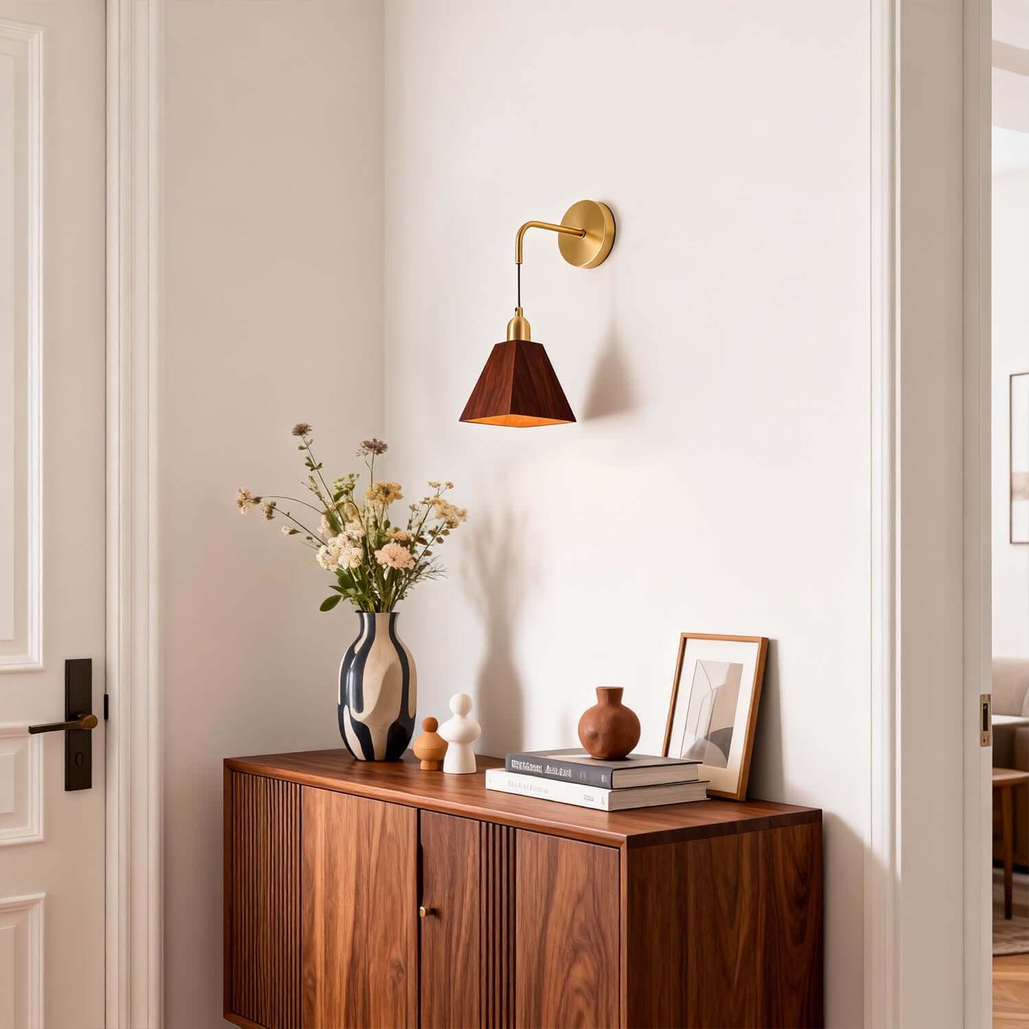 Tivaro Wood & Brass Wall Light | Japandi Bedside Corner Sconce