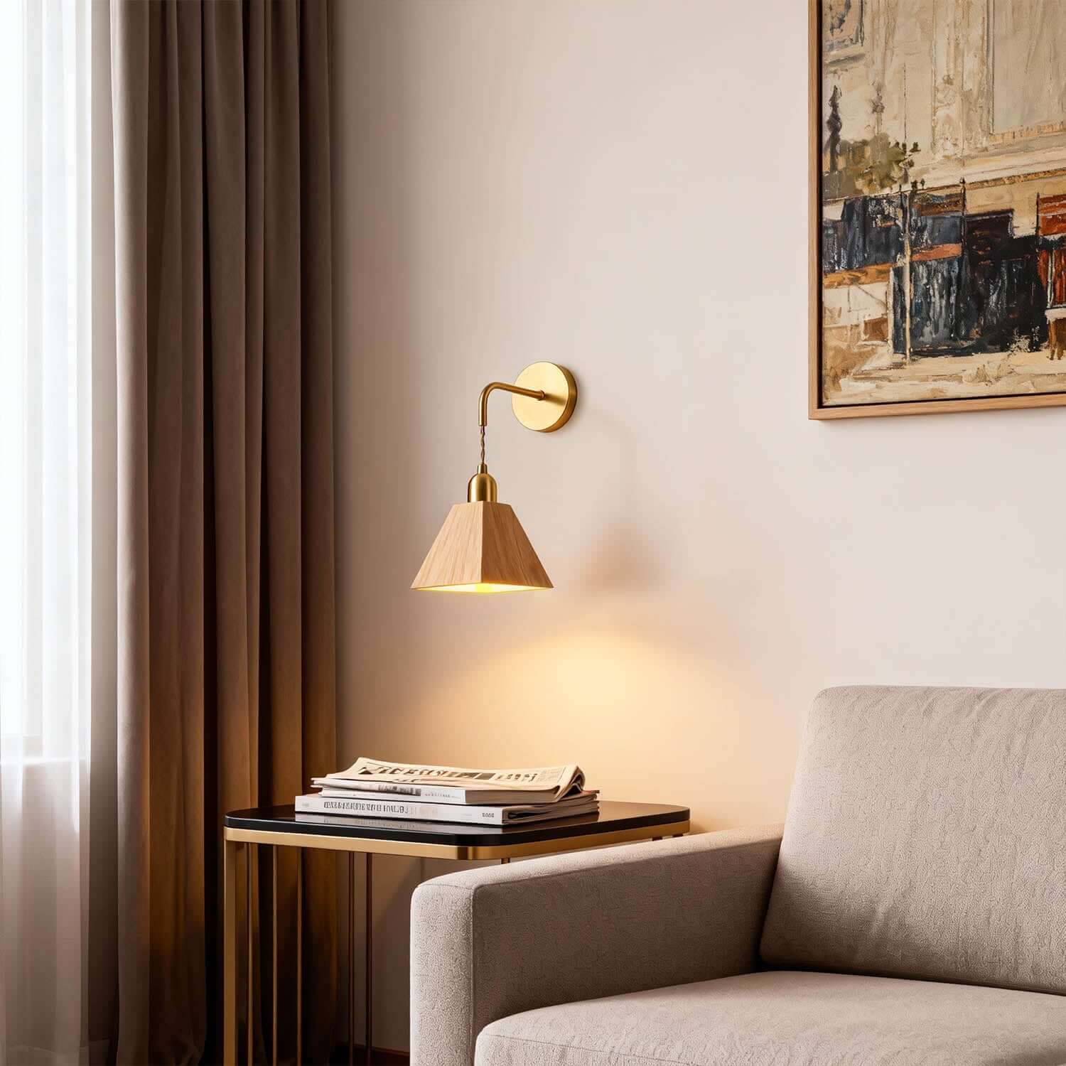 Tivaro Wood & Brass Wall Light | Japandi Bedside Corner Sconce