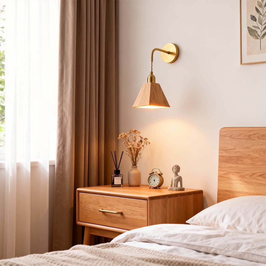 Tivaro Wood & Brass Wall Light | Japandi Bedside Corner Sconce