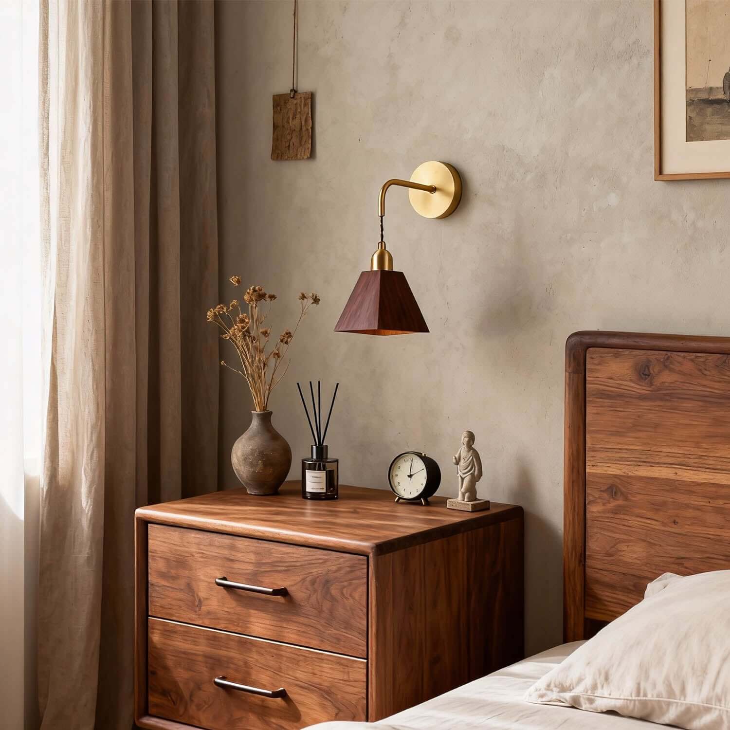 Tivaro Wood & Brass Wall Light | Japandi Bedside Corner Sconce