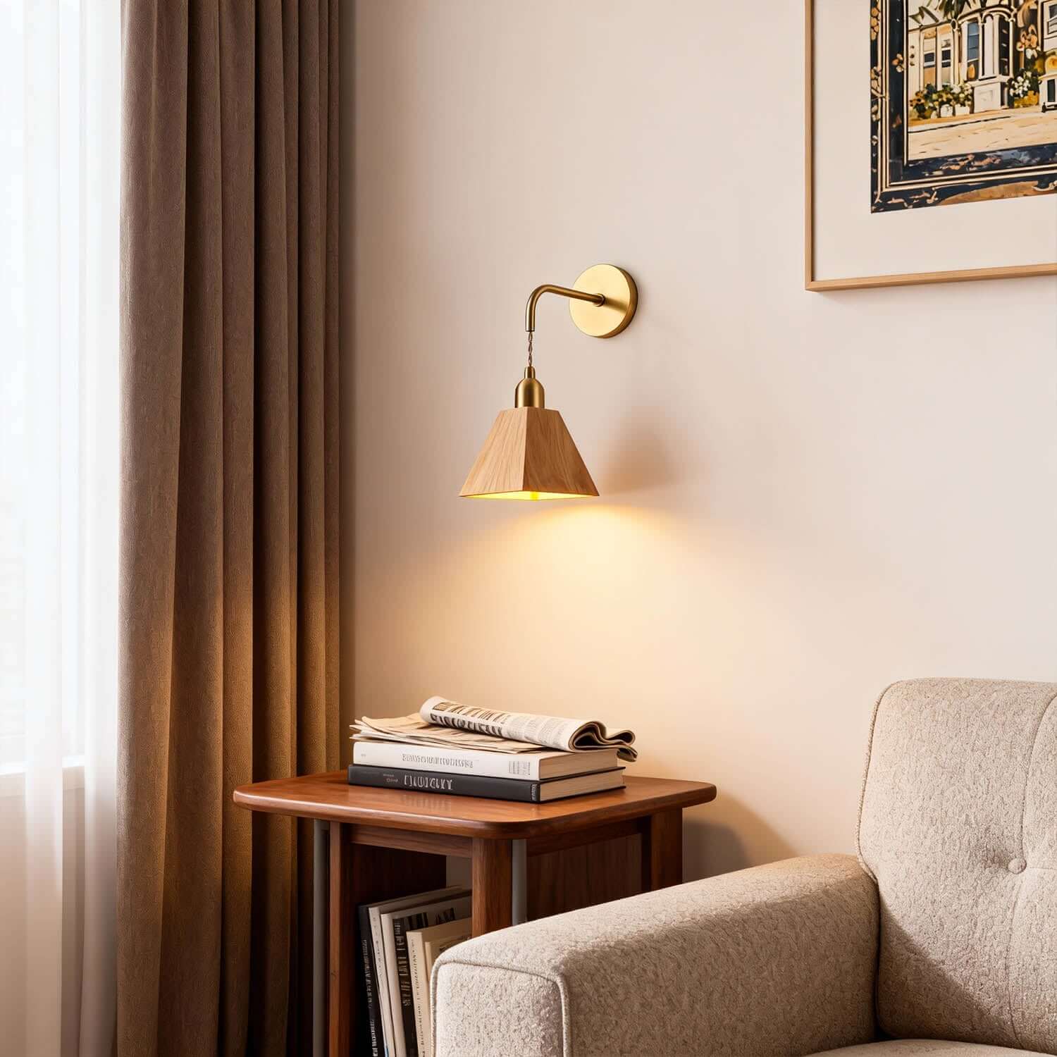 Tivaro Wood & Brass Wall Light | Japandi Bedside Corner Sconce